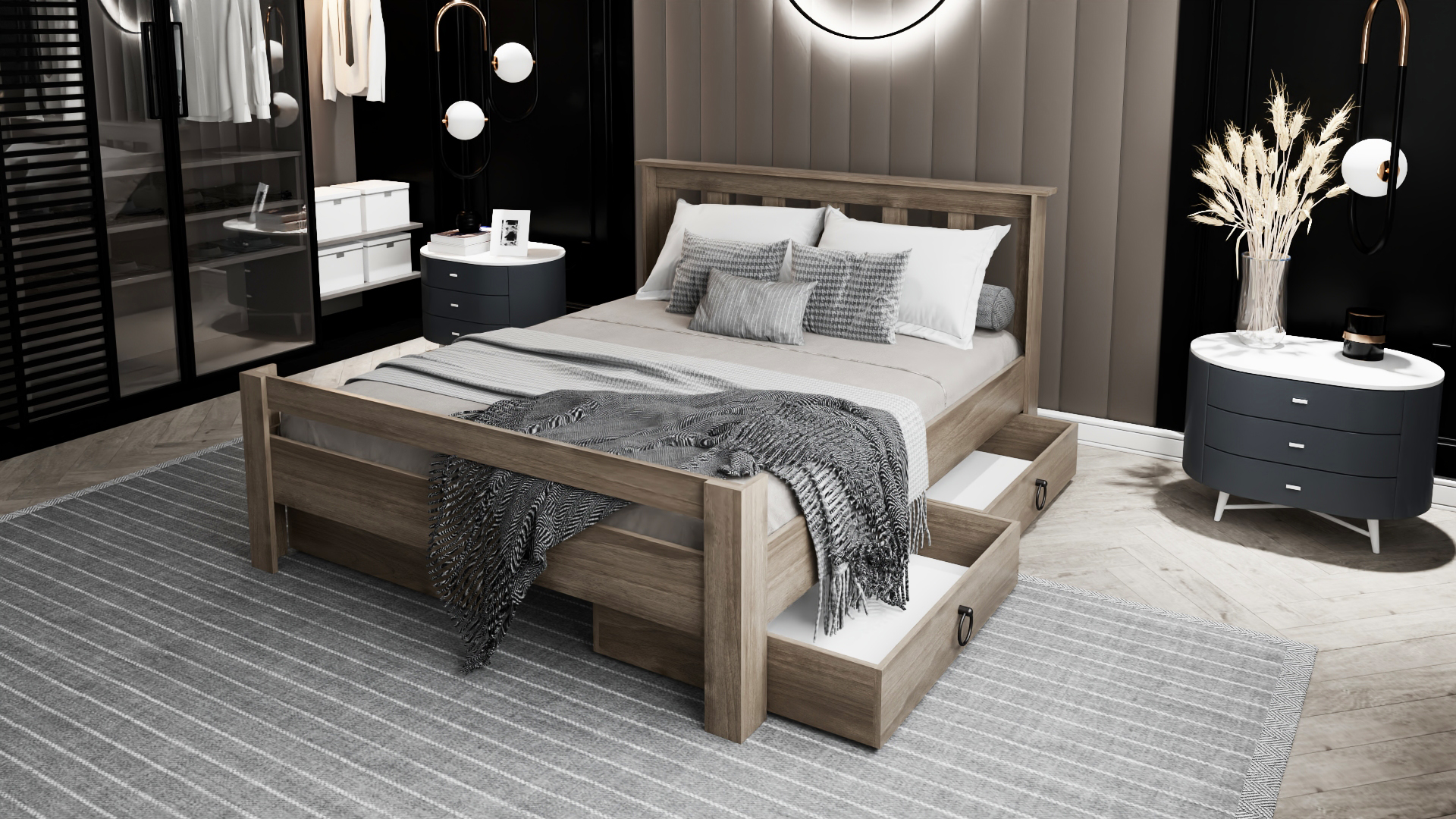 Ni̇nni̇mo Arya Çi̇ft Ki̇şi̇li̇k 160x200 Yatak Uyumlu Ceviz Çekmeceli̇ Karyola - AÇY-2