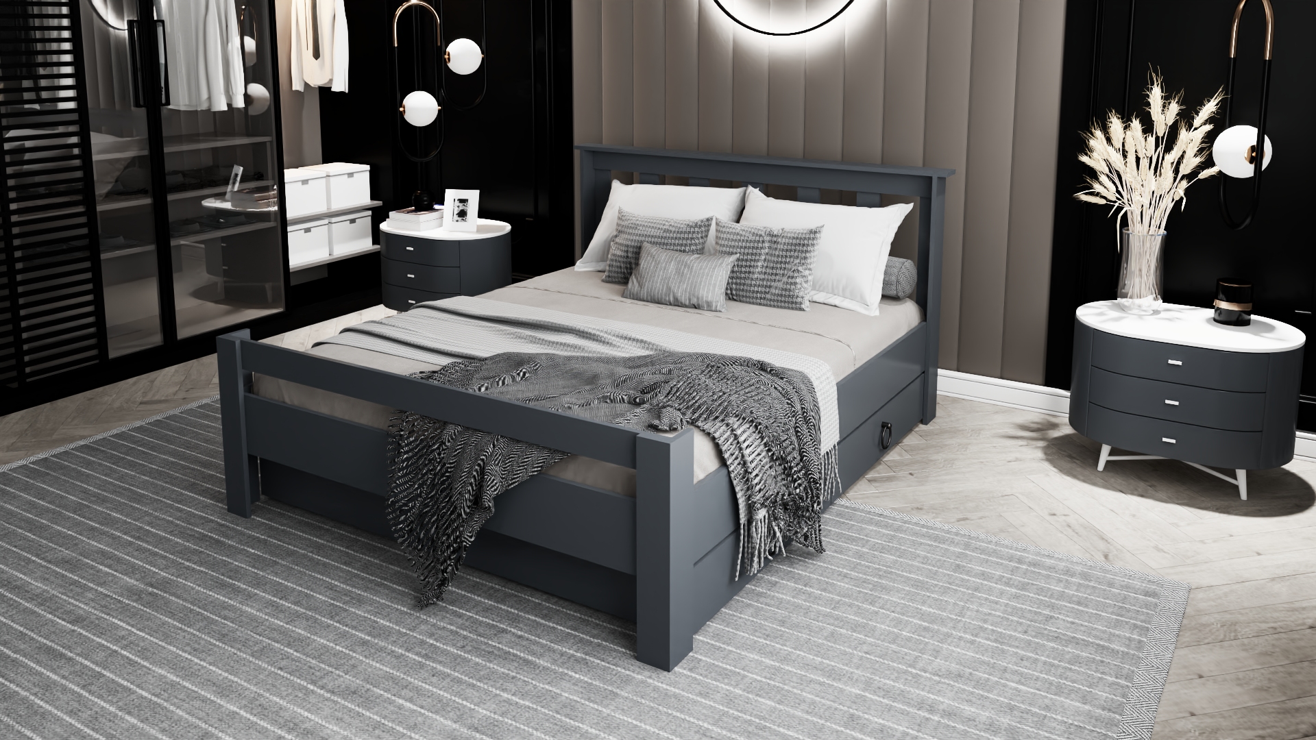 Ni̇nni̇mo Arya Çi̇ft Ki̇şi̇li̇k 160x200 Yatak Uyumlu Antrasit Çekmeceli̇ Karyola - AÇY-4