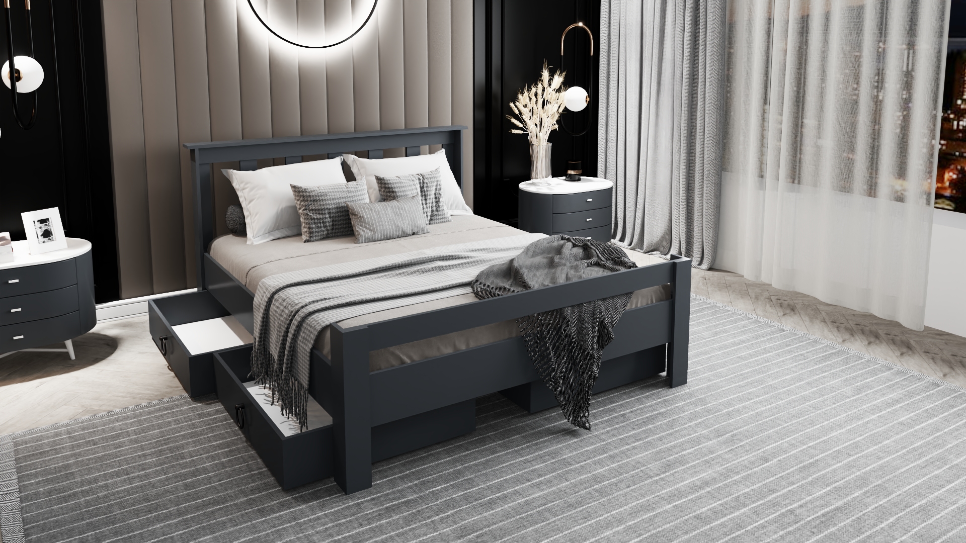 Ni̇nni̇mo Arya Çi̇ft Ki̇şi̇li̇k 160x200 Yatak Uyumlu Antrasit Çekmeceli̇ Karyola - AÇY-4