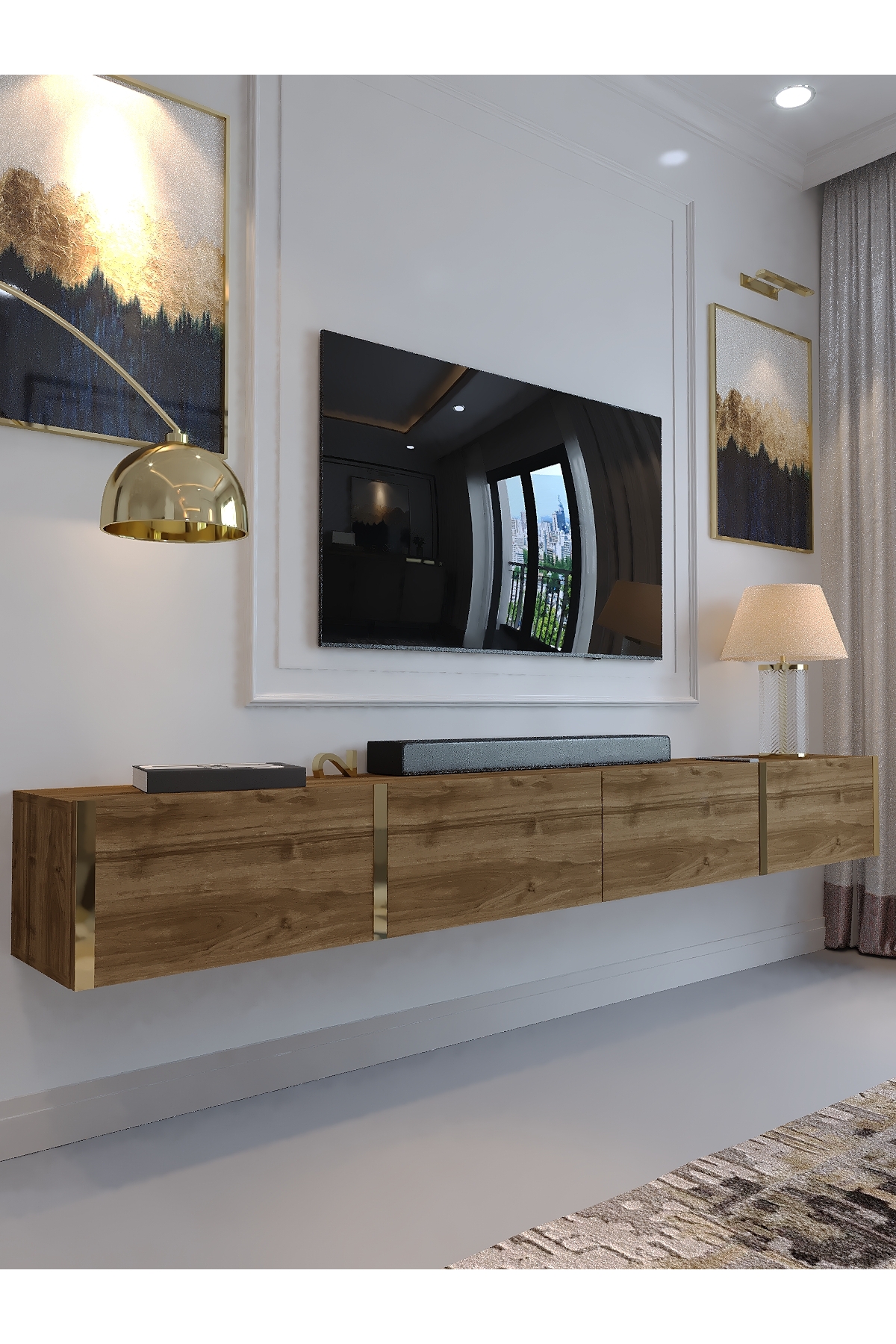 KARNAVAL 240 CM DUVARA MONTE TV SEHPASI - GDM-1002-2 CEVİZ GOLD