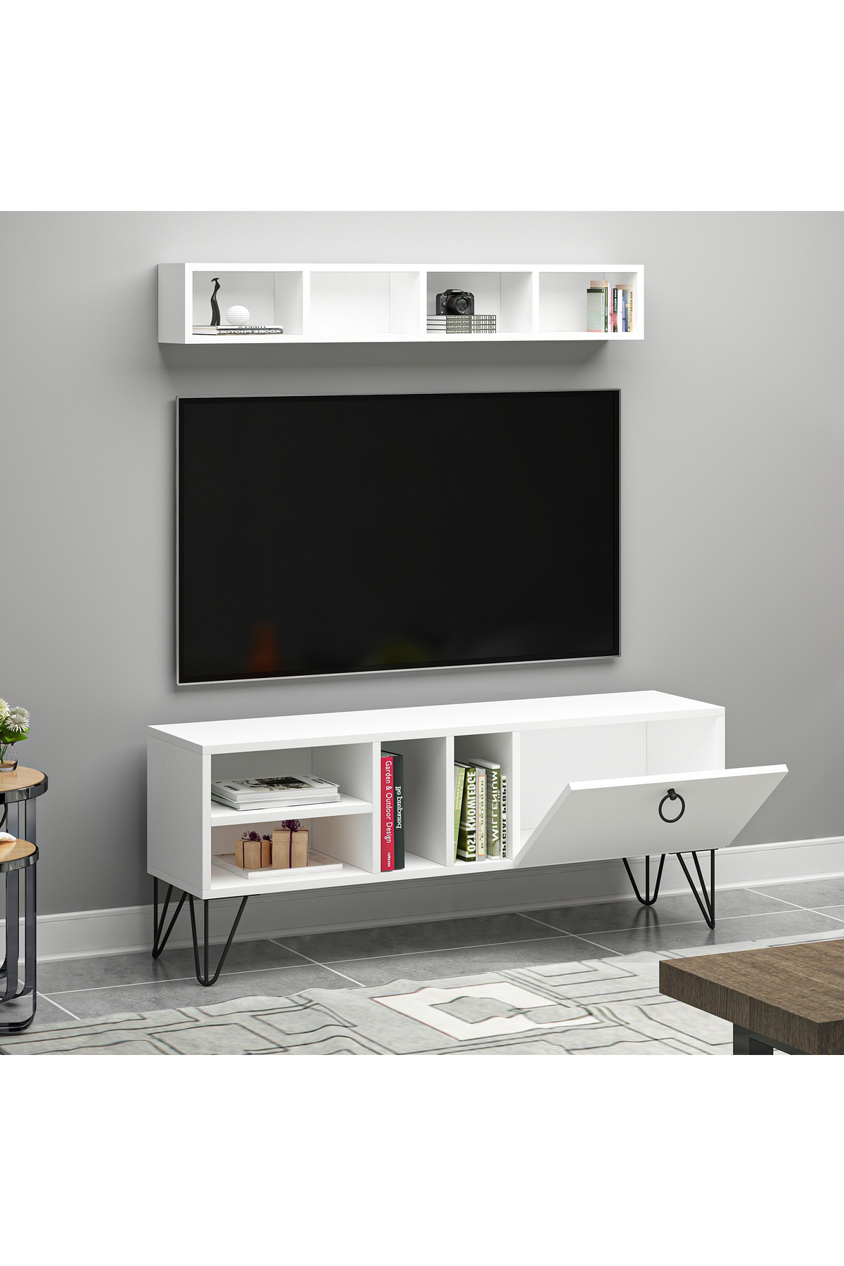 Kalimba Kapaklı Raflı Beyaz MDF Tv Ünitesi & Tv Sehpası