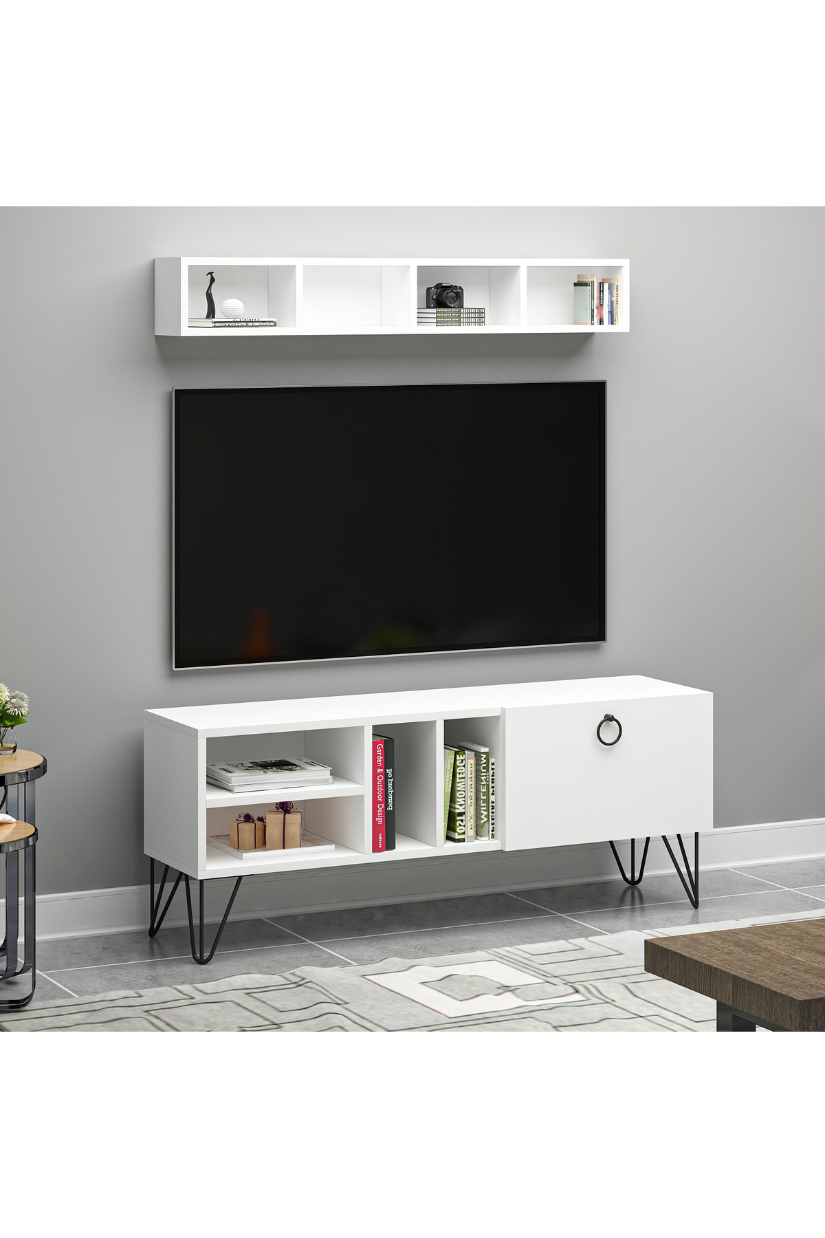 Kalimba Kapaklı Raflı Beyaz MDF Tv Ünitesi & Tv Sehpası