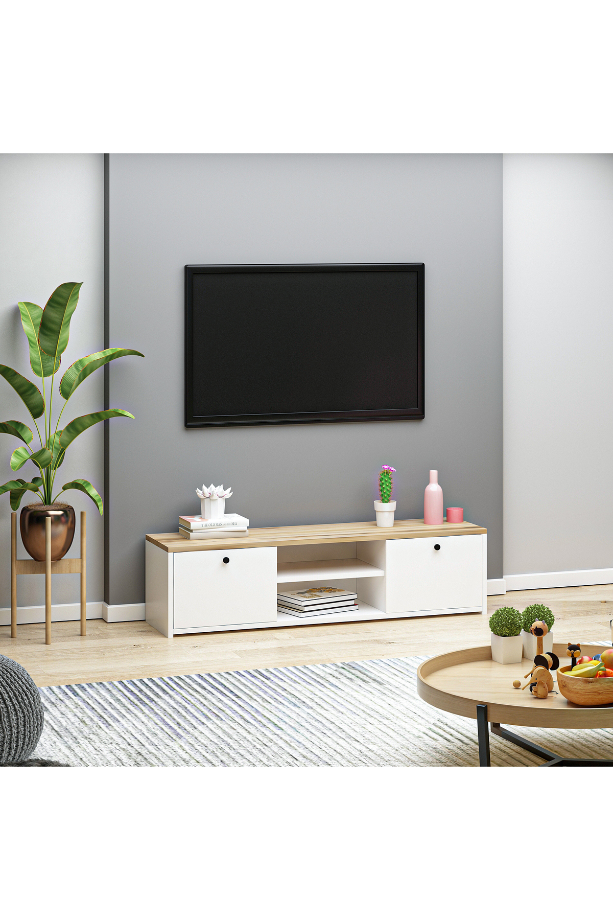 Kapaklı Raflı Beyaz Çırağan Tv Ünitesi ve Tv Sehpası