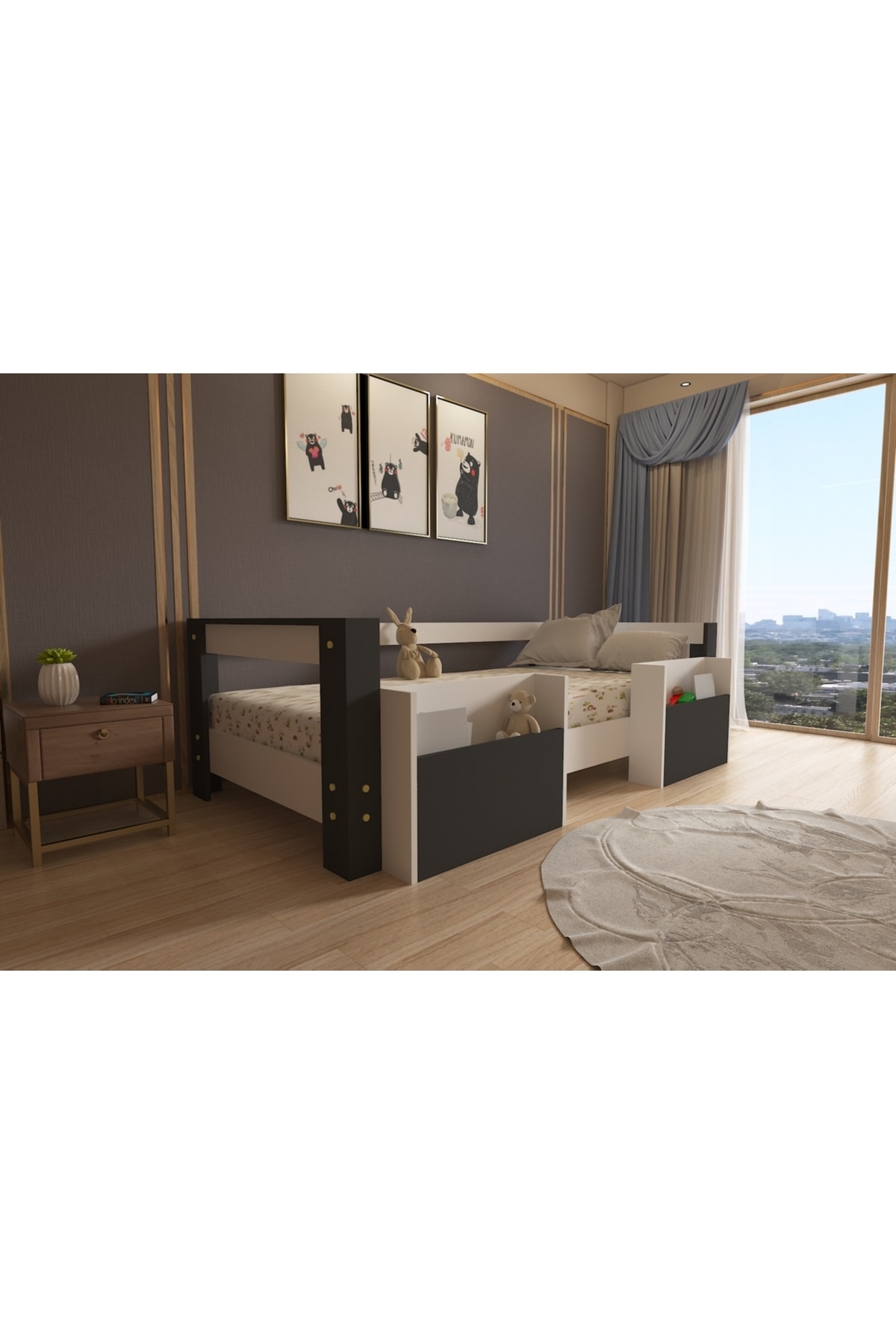 Montessori Beyaz-antrasit Cepli Çocuk Karyolası 90x190 Yatak Uyumlu M1