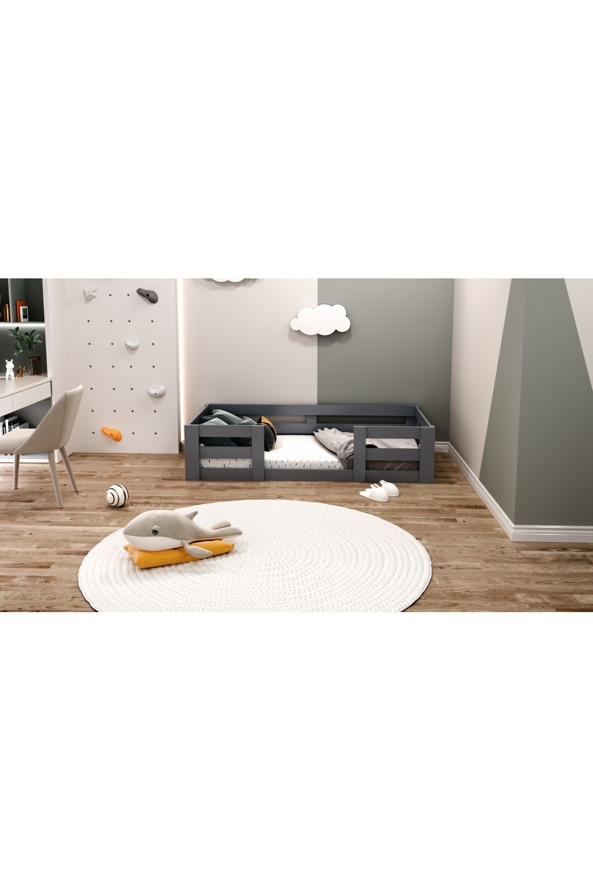 Montessori Antrasit Çocuk Karyolası 90x190 Yatak Uyumlu Y13