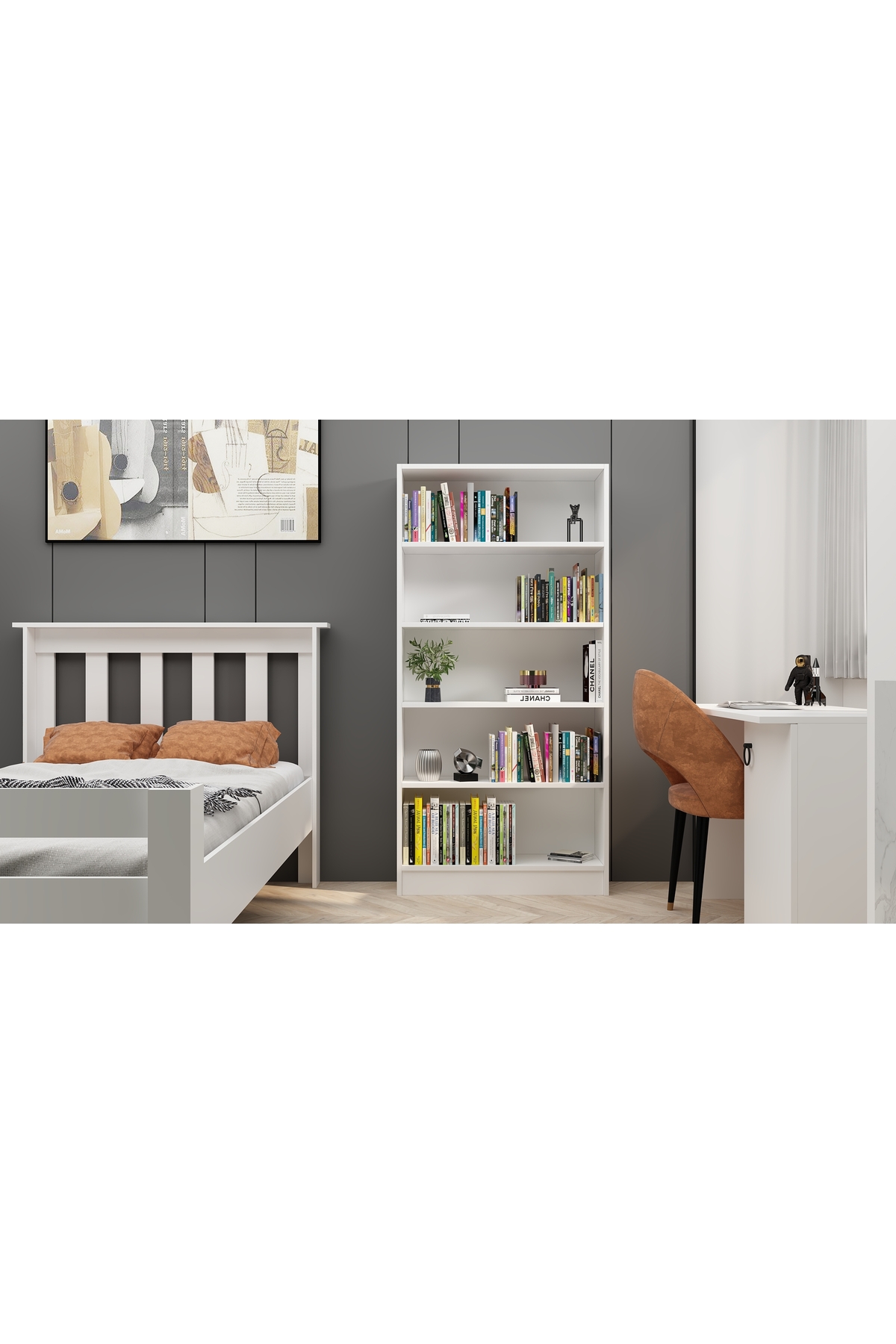 Beyaz Mdf 5 Raflı Kitaplık
