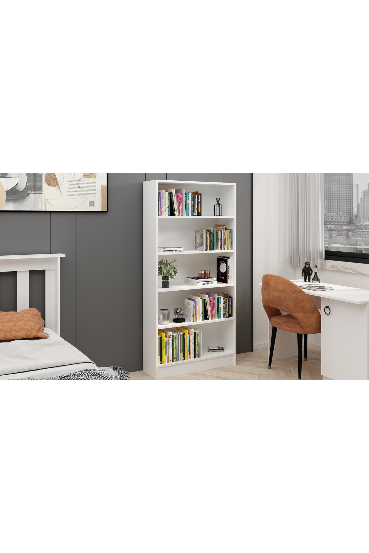 Beyaz Mdf 5 Raflı Kitaplık