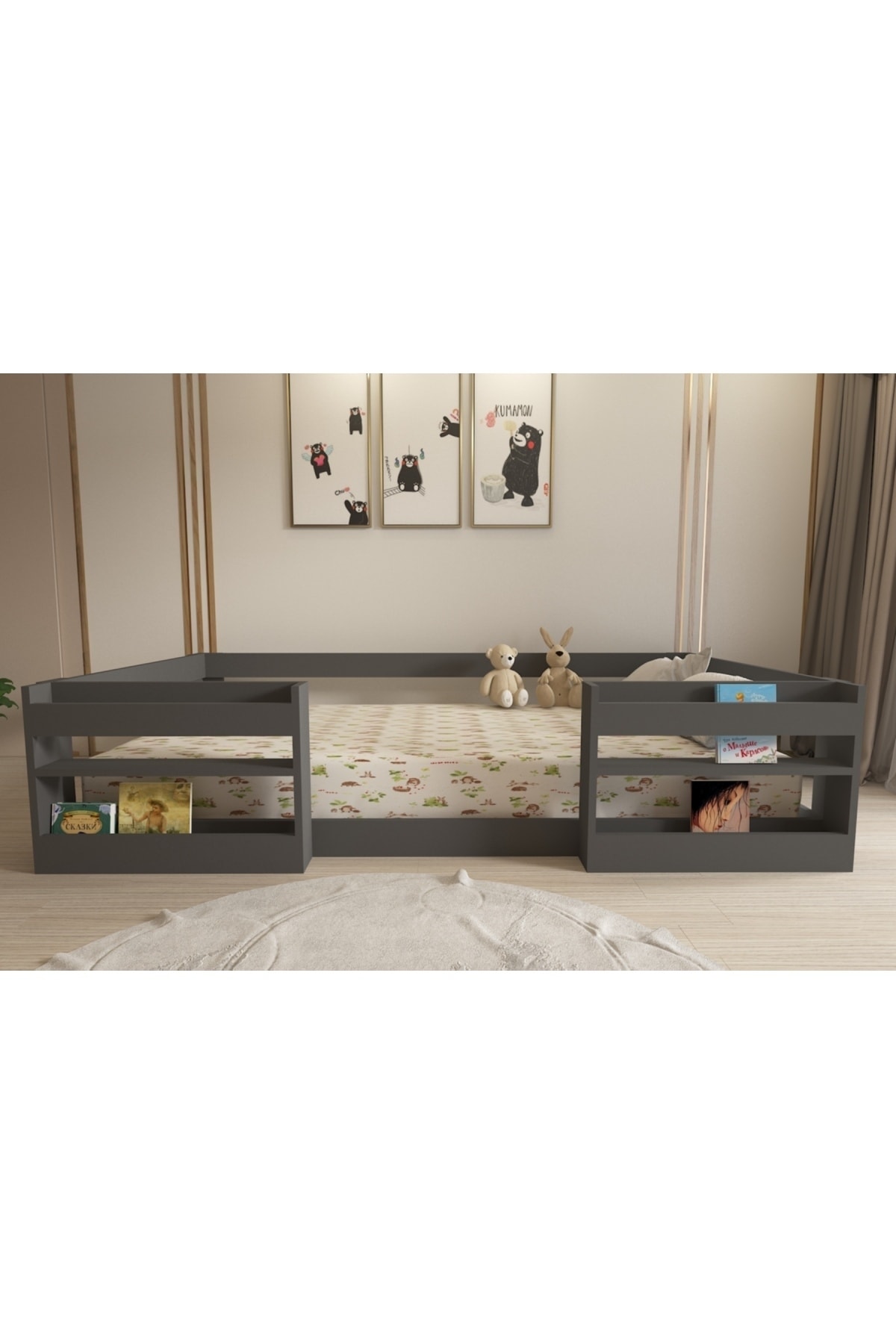 Montessori Kitaplıklı Raflı Antrasit Çocuk Karyolası 90x190 Yatak Uyumlu M6