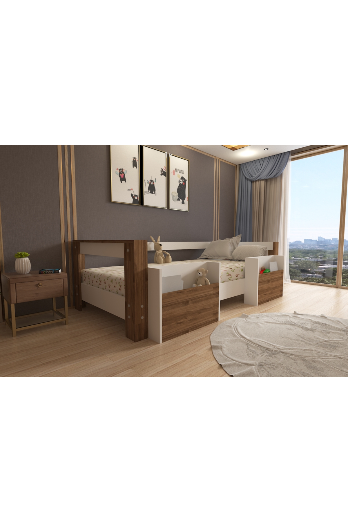 Montessori Beyaz Ceviz Cepli Çocuk Karyolası 90x190 Yatak Uyumlu M1