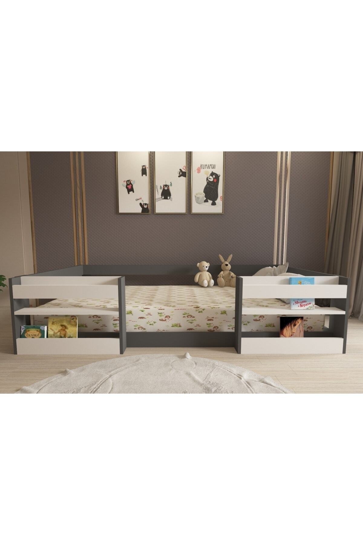 Montessori Kitaplıklı Raflı Antrasit Beyaz Çocuk Karyolası 90x190 Yatak Uyumlu M6