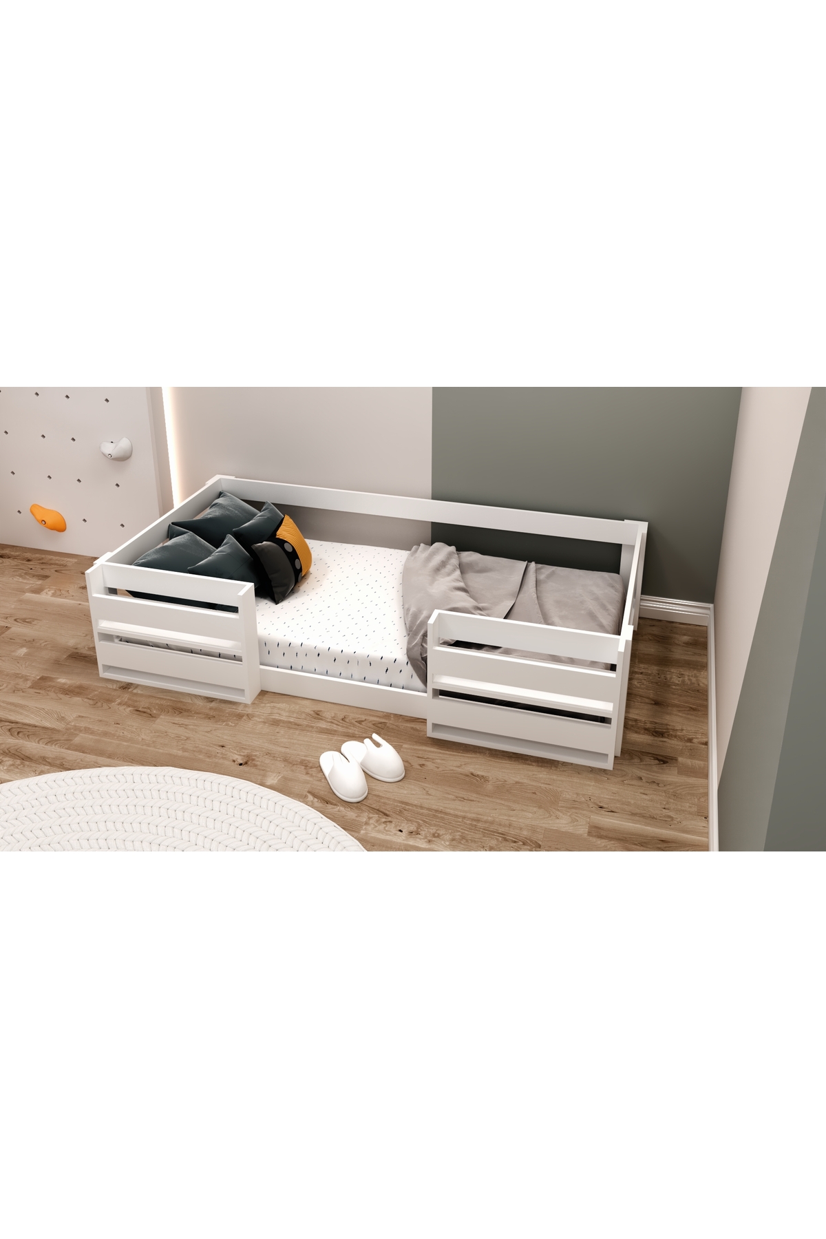 Montessori Kitaplıklı Raflı Beyaz Mdf Çocuk Karyolası 90x190 Yatak Uyumlu M6