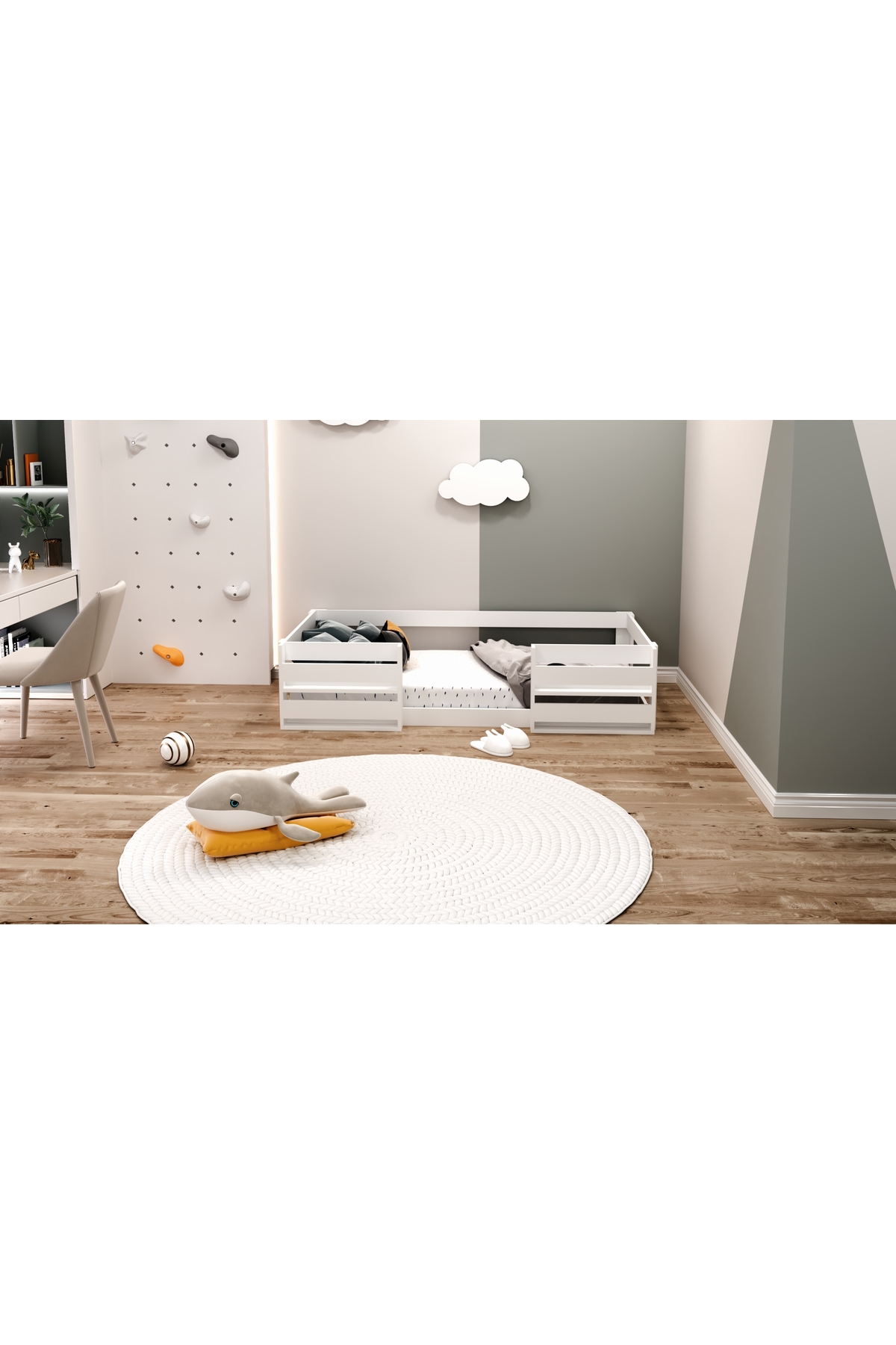 Montessori Kitaplıklı Raflı Beyaz Mdf Çocuk Karyolası 90x190 Yatak Uyumlu M6