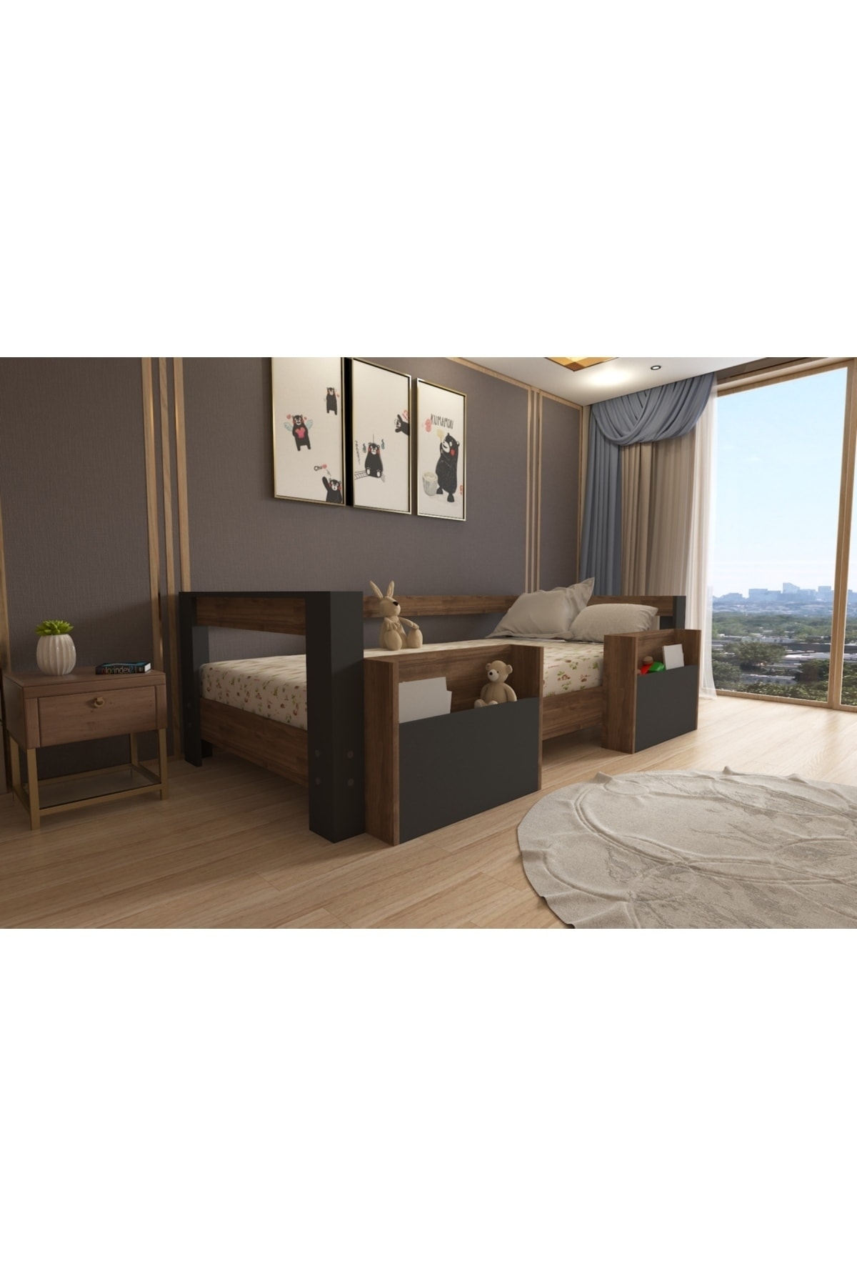 Montessori Ceviz -antrasit Cepli Çocuk Karyolası 90x190 Yatak Uyumlu M1
