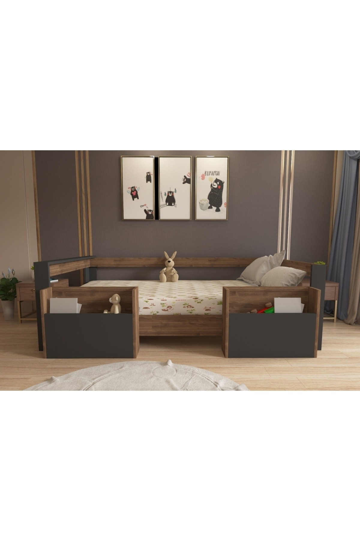 Montessori Ceviz -antrasit Cepli Çocuk Karyolası 90x190 Yatak Uyumlu M1
