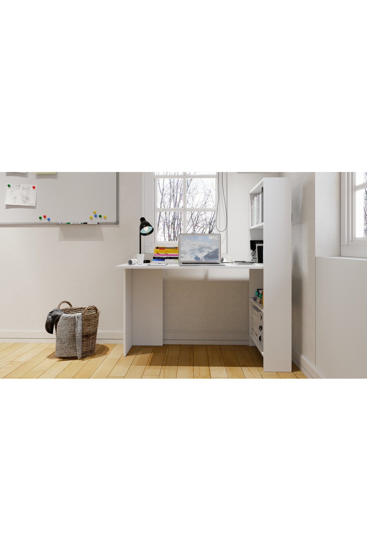 Kitaplıklı Çalışma Masası Beyaz Mdf