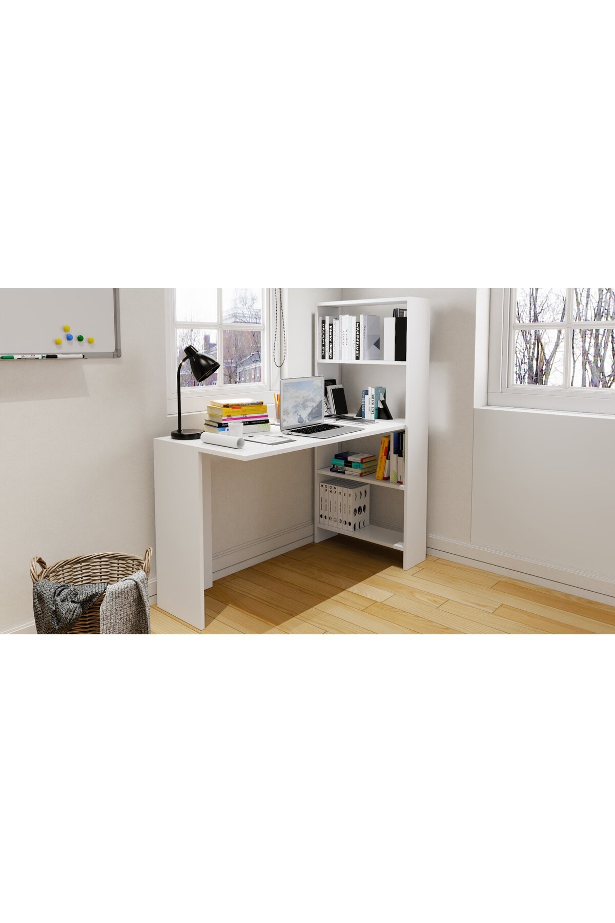 Kitaplıklı Çalışma Masası Beyaz Mdf