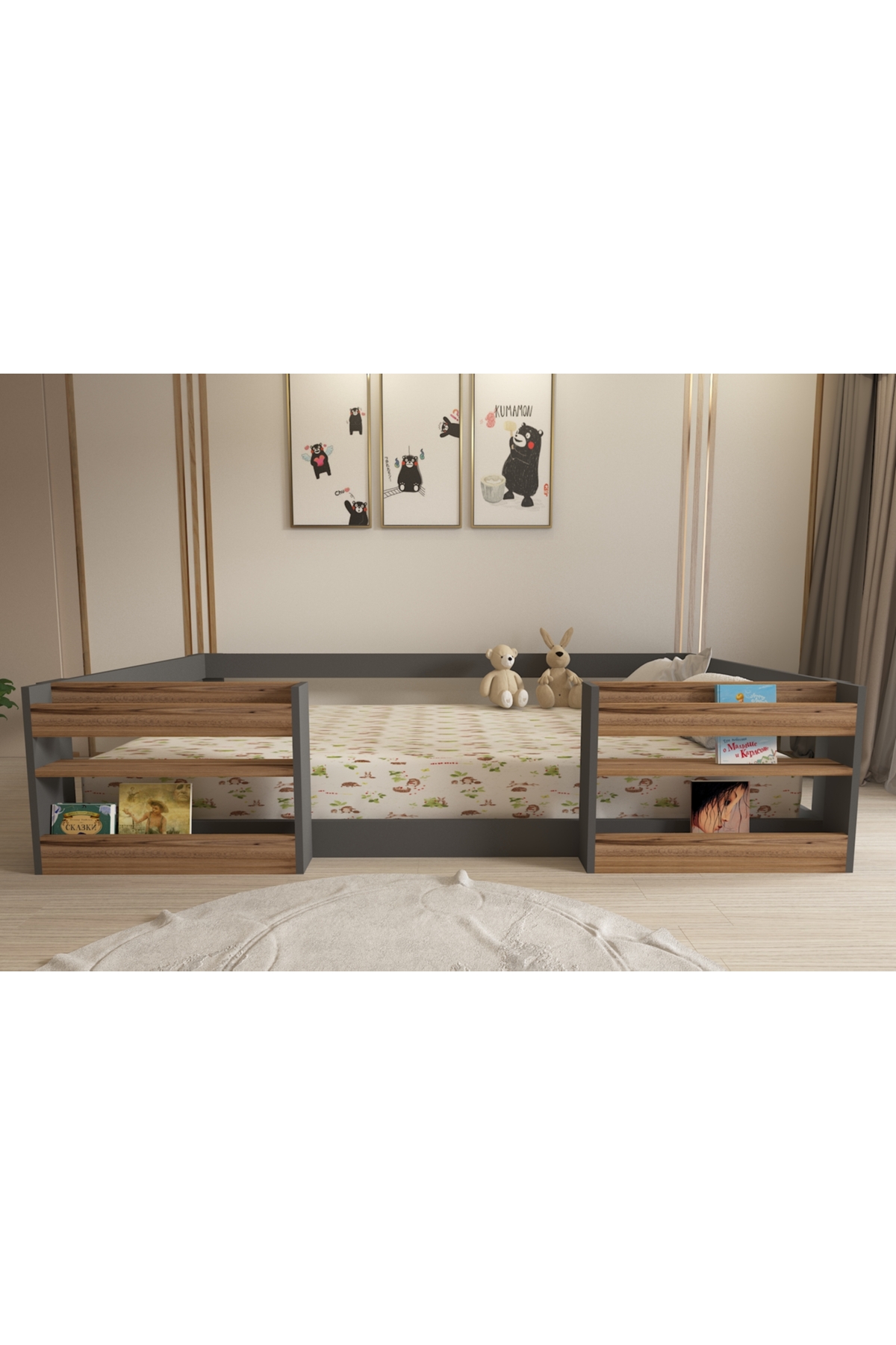 Montessori Kitaplıklı Raflı Antrasit-çırağan Çocuk Karyolası 90x190 Yatak Uyumlu M6