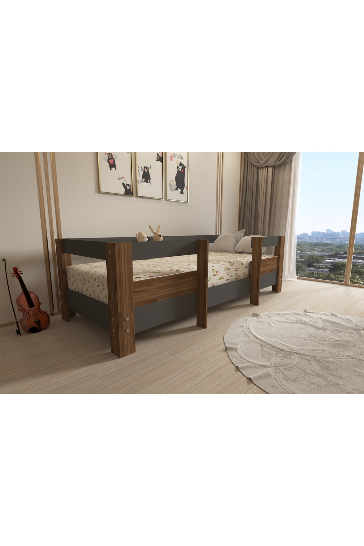 Montessori Antrasit-Ceviz Çocuk Karyolası 90x190 Yatak Uyumlu M5