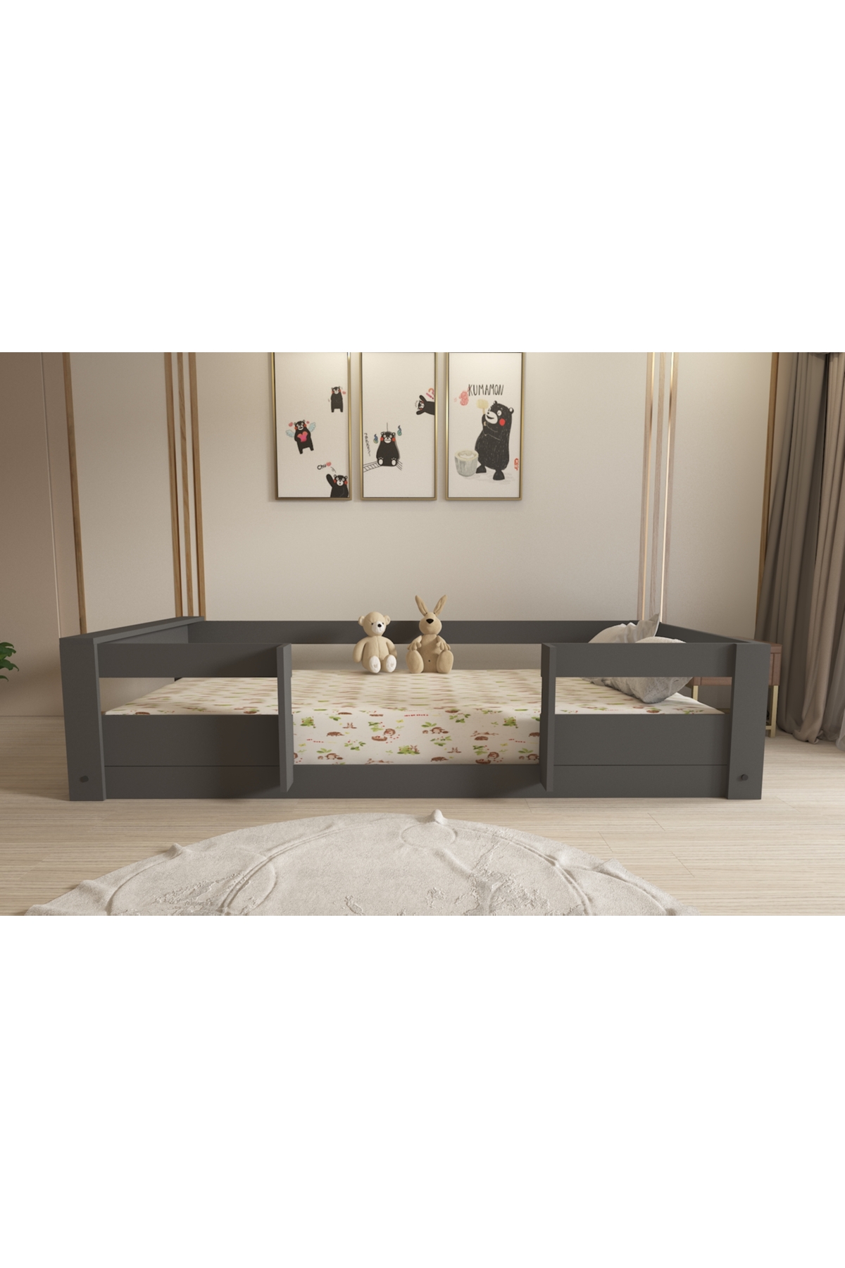 Montessori Antrasit Çocuk Karyolası 90x190 Yatak Uyumlu M7