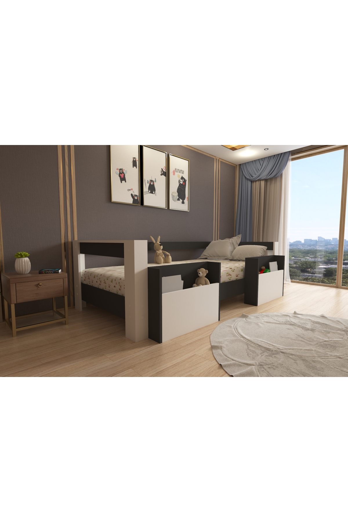 Montessori Antrasit Beyaz Cepli Çocuk Karyolası 90x190 Yatak Uyumlu M1