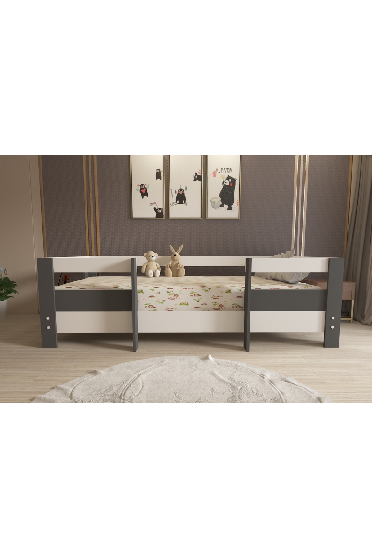 Montessori Beyaz-Antrasit Çocuk Karyolası 90x190 Yatak Uyumlu M5