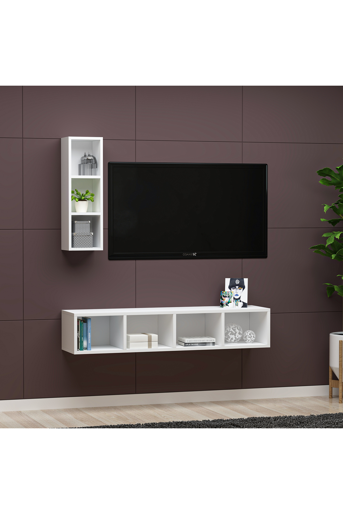 Mira Duvar Rafı Beyaz MDF Raflı Tv Ünitesi & Tv Sehpası