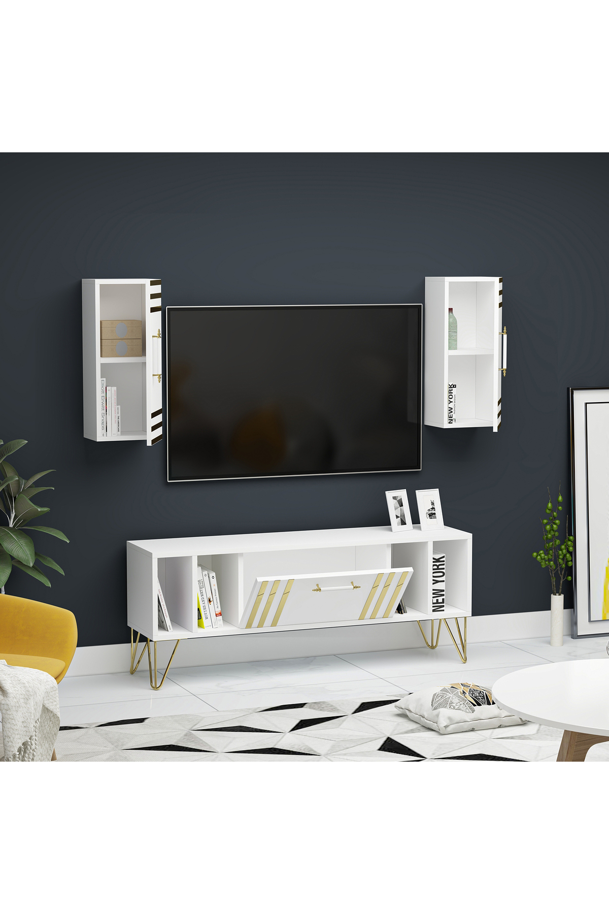 Doğa Kapaklı Raflı Beyaz MDF Tv Ünitesi & Tv Sehpası