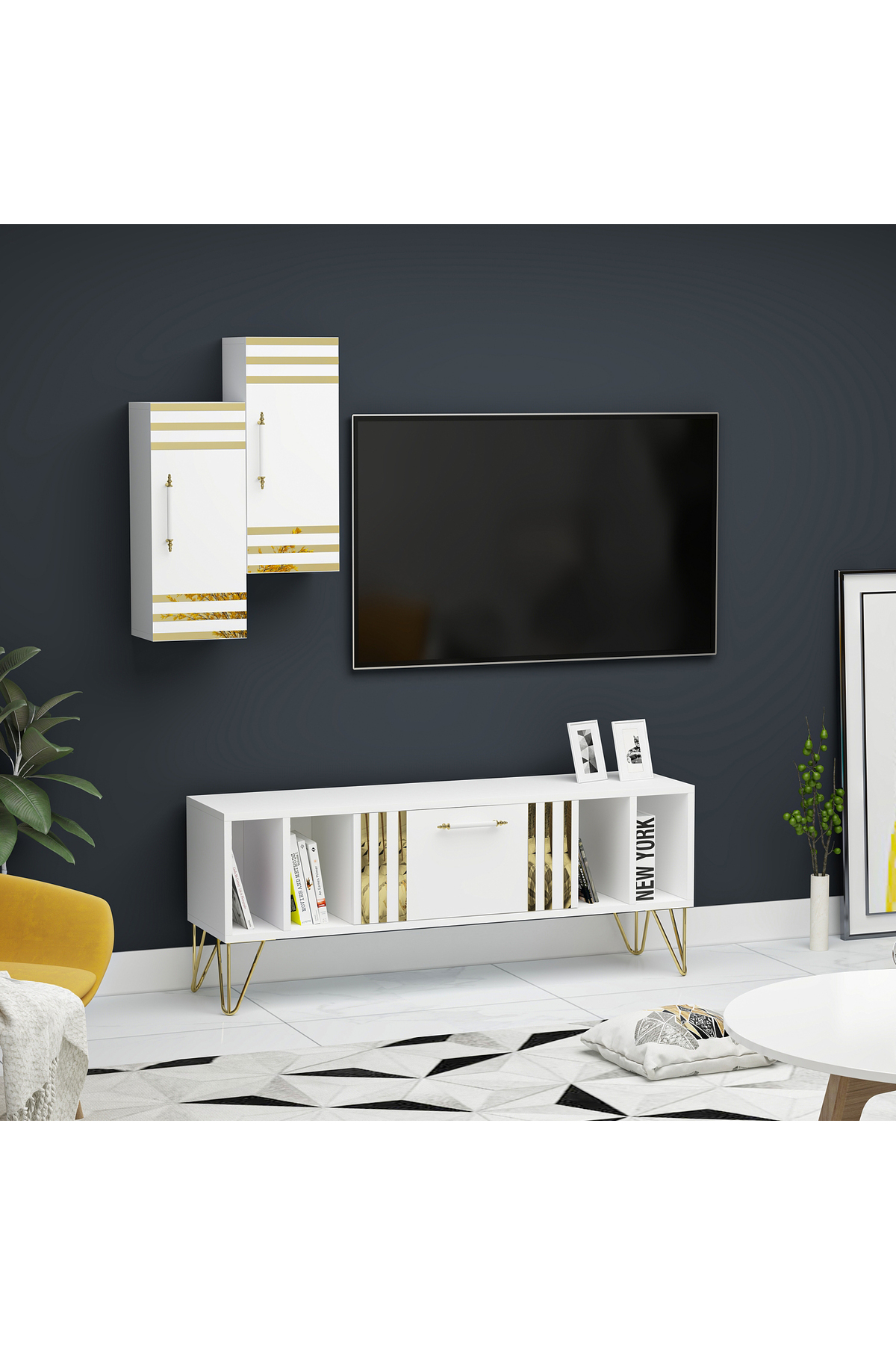 Doğa Kapaklı Raflı Beyaz MDF Tv Ünitesi & Tv Sehpası