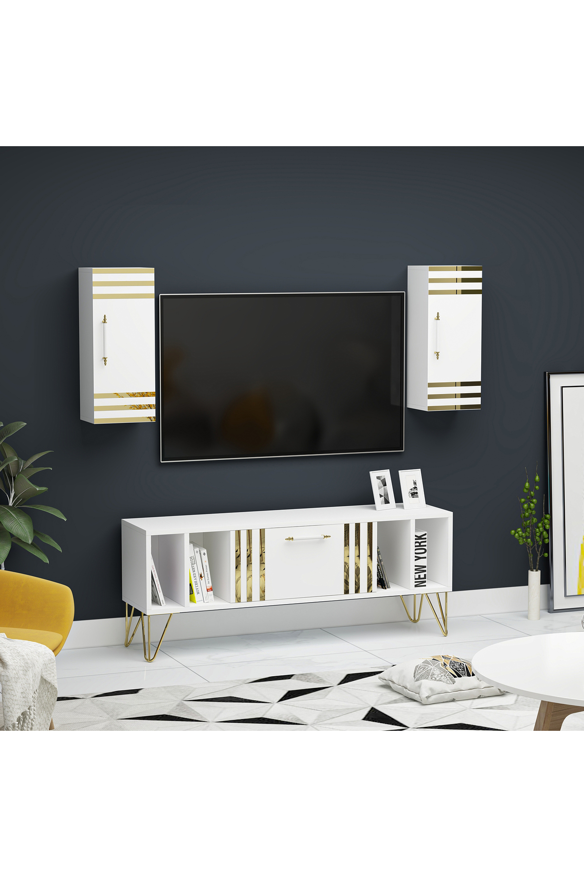 Doğa Kapaklı Raflı Beyaz MDF Tv Ünitesi & Tv Sehpası