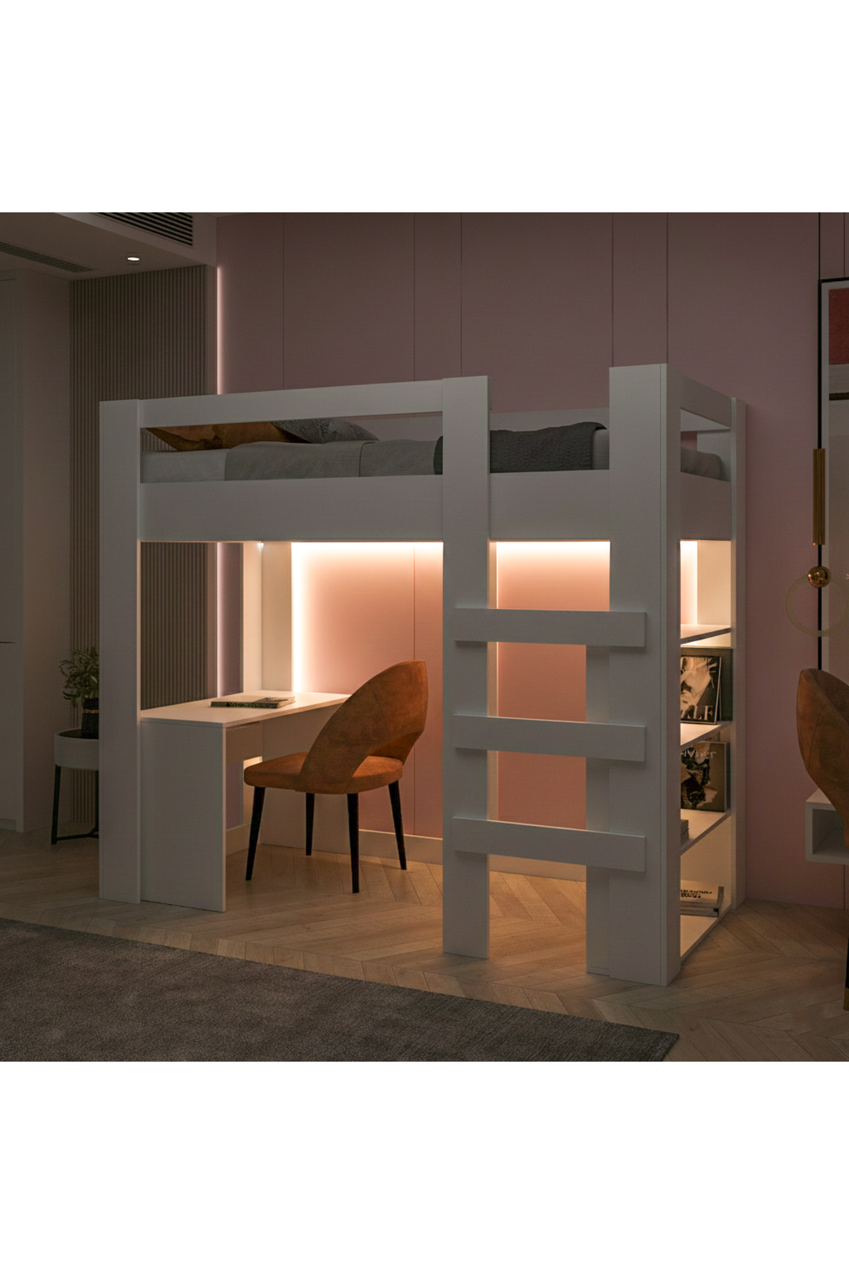 Yaşam 90X190 Yatak Uyumu Karyola Çalışma Masalı Kitaplıklı Led Işıklı Karyola
