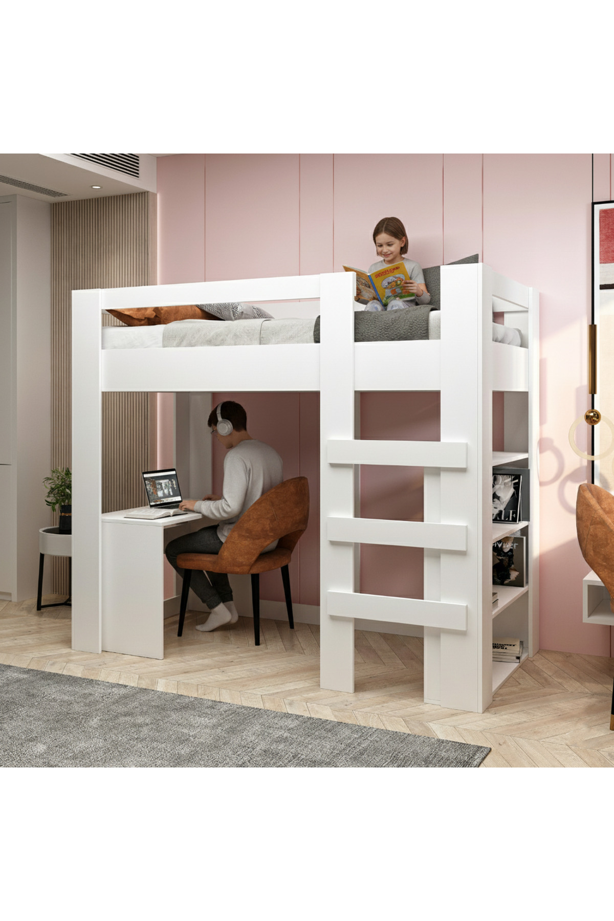 Yaşam 90X190 Yatak Uyumu Karyola Çalışma Masalı Kitaplıklı Led Işıklı Karyola
