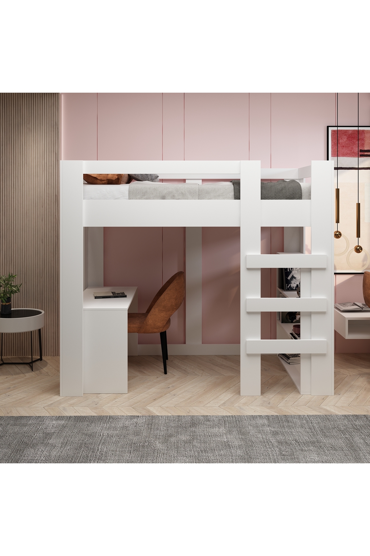 Yaşam 90X190 Yatak Uyumu Karyola Çalışma Masalı Kitaplıklı Led Işıklı Karyola