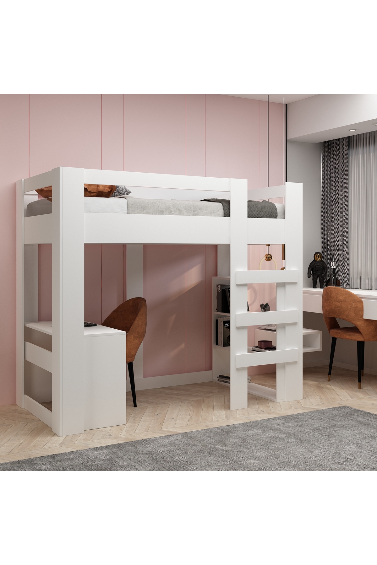 Yaşam 90X190 Yatak Uyumu Karyola Çalışma Masalı Kitaplıklı Led Işıklı Karyola