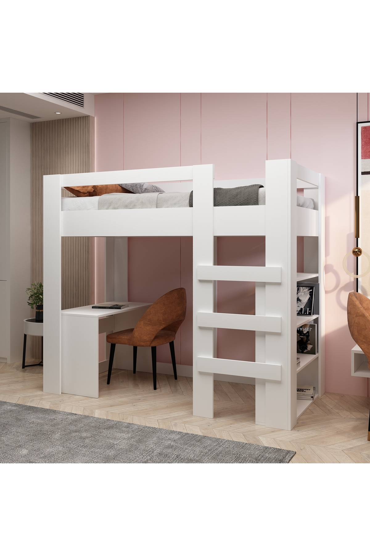 Yaşam 90X190 Yatak Uyumu Karyola Çalışma Masalı Kitaplıklı Led Işıklı Karyola