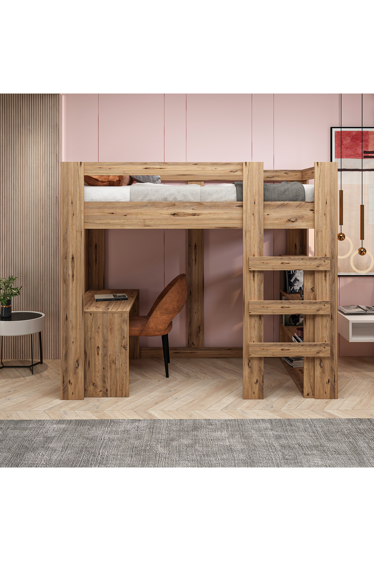 Yaşam 90X190 Yatak Uyumu Karyola Çalışma Masalı Kitaplıklı Led Işıklı Karyola