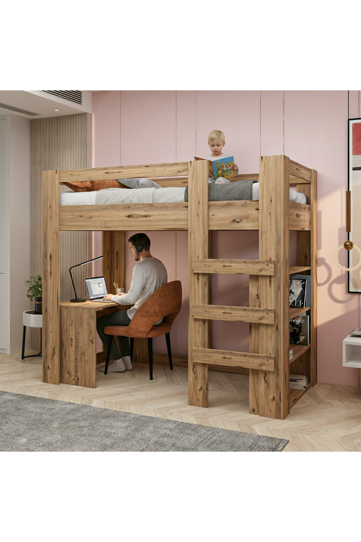Yaşam 90X190 Yatak Uyumu Karyola Çalışma Masalı Kitaplıklı Led Işıklı Karyola