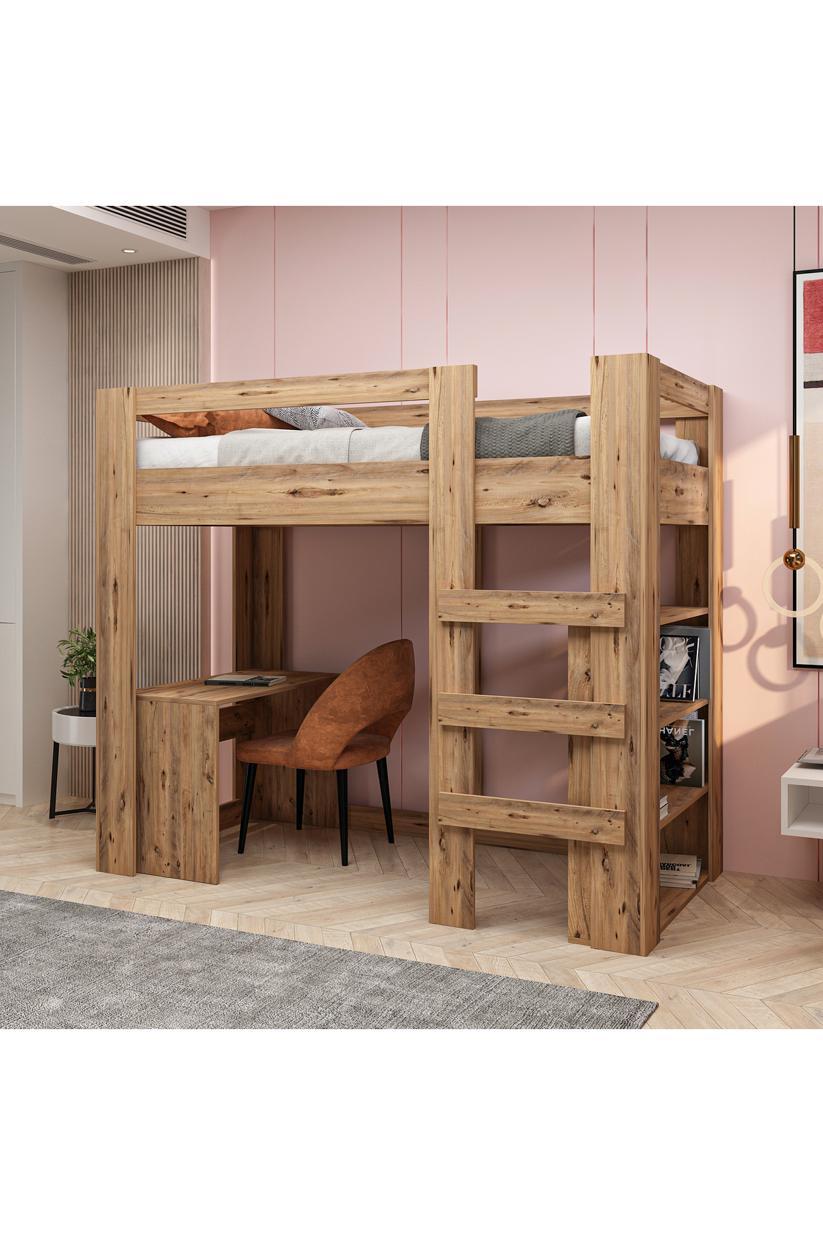 Yaşam 90X190 Yatak Uyumu Karyola Çalışma Masalı Kitaplıklı Led Işıklı Karyola