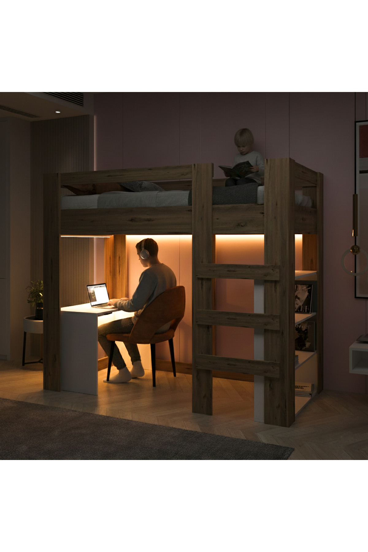Yaşam 90X190 Yatak Uyumu Karyola Çalışma Masalı Kitaplıklı Led Işıklı Karyola