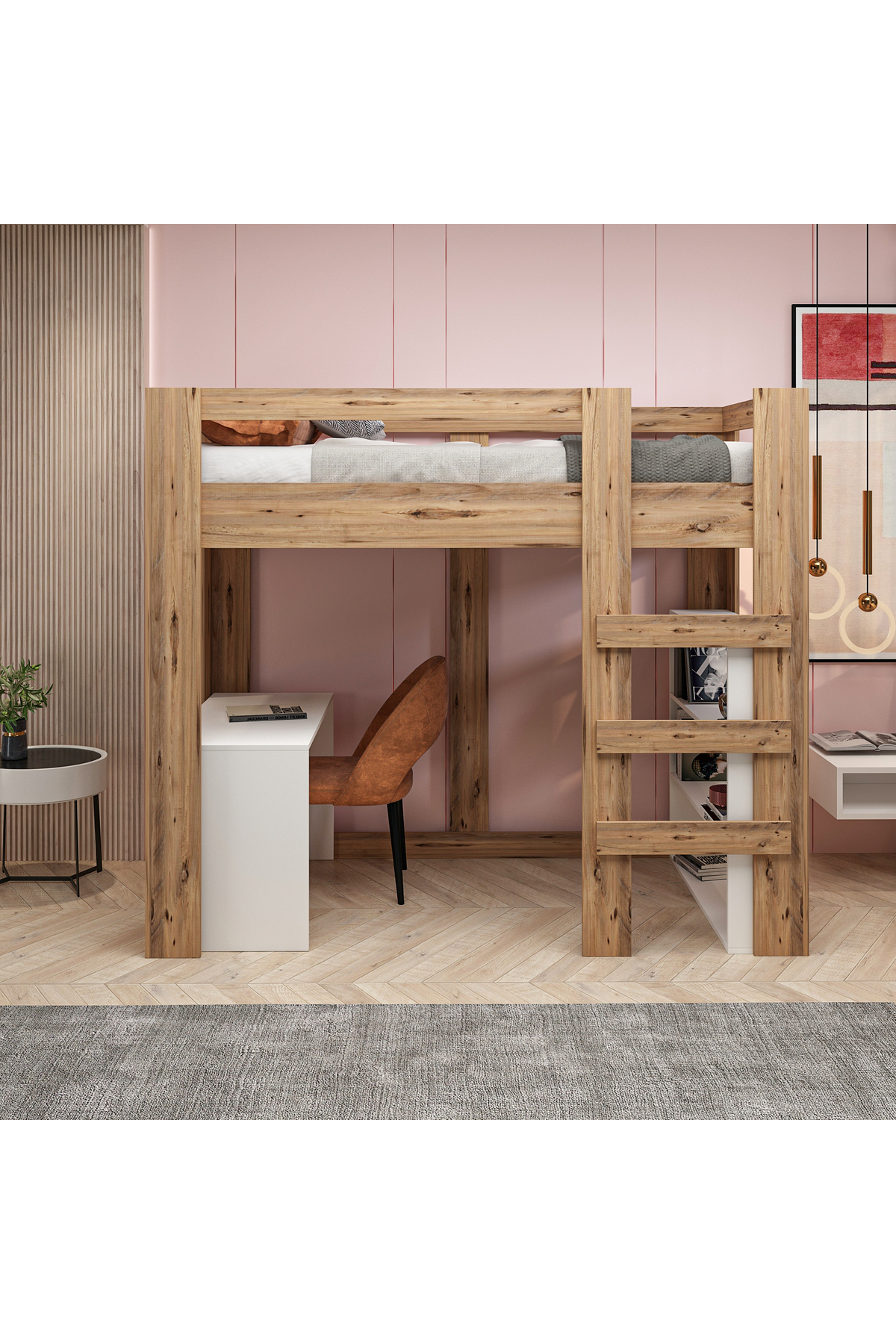Yaşam 90X190 Yatak Uyumu Karyola Çalışma Masalı Kitaplıklı Led Işıklı Karyola
