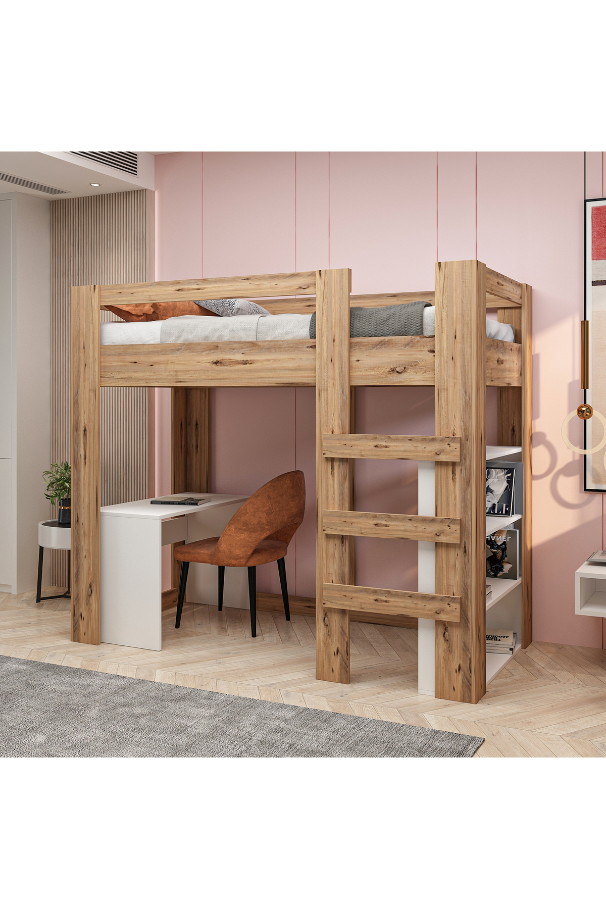 Yaşam 90X190 Yatak Uyumu Karyola Çalışma Masalı Kitaplıklı Led Işıklı Karyola