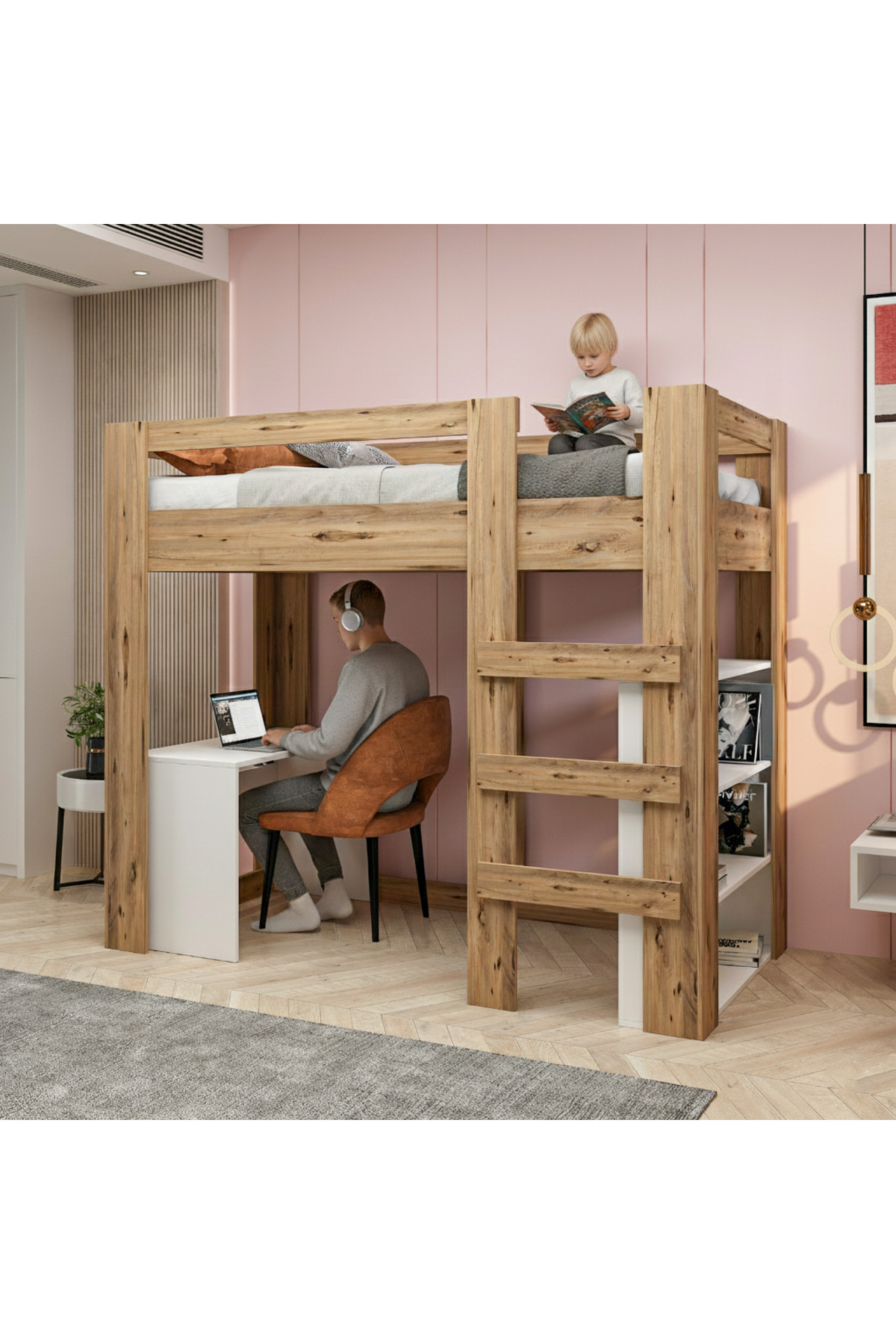 Yaşam 90X190 Yatak Uyumu Karyola Çalışma Masalı Kitaplıklı Led Işıklı Karyola