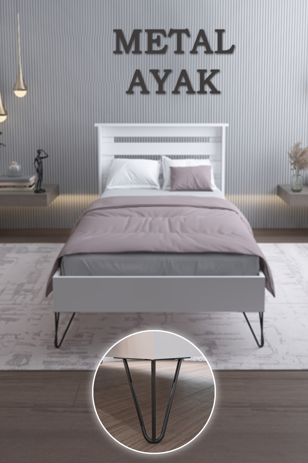 Ninnimo YENİ STİLL 90x190 Yatak Uyumlu Mdf Beyaz Tek Kişilik Karyola Siyah Ayaklı