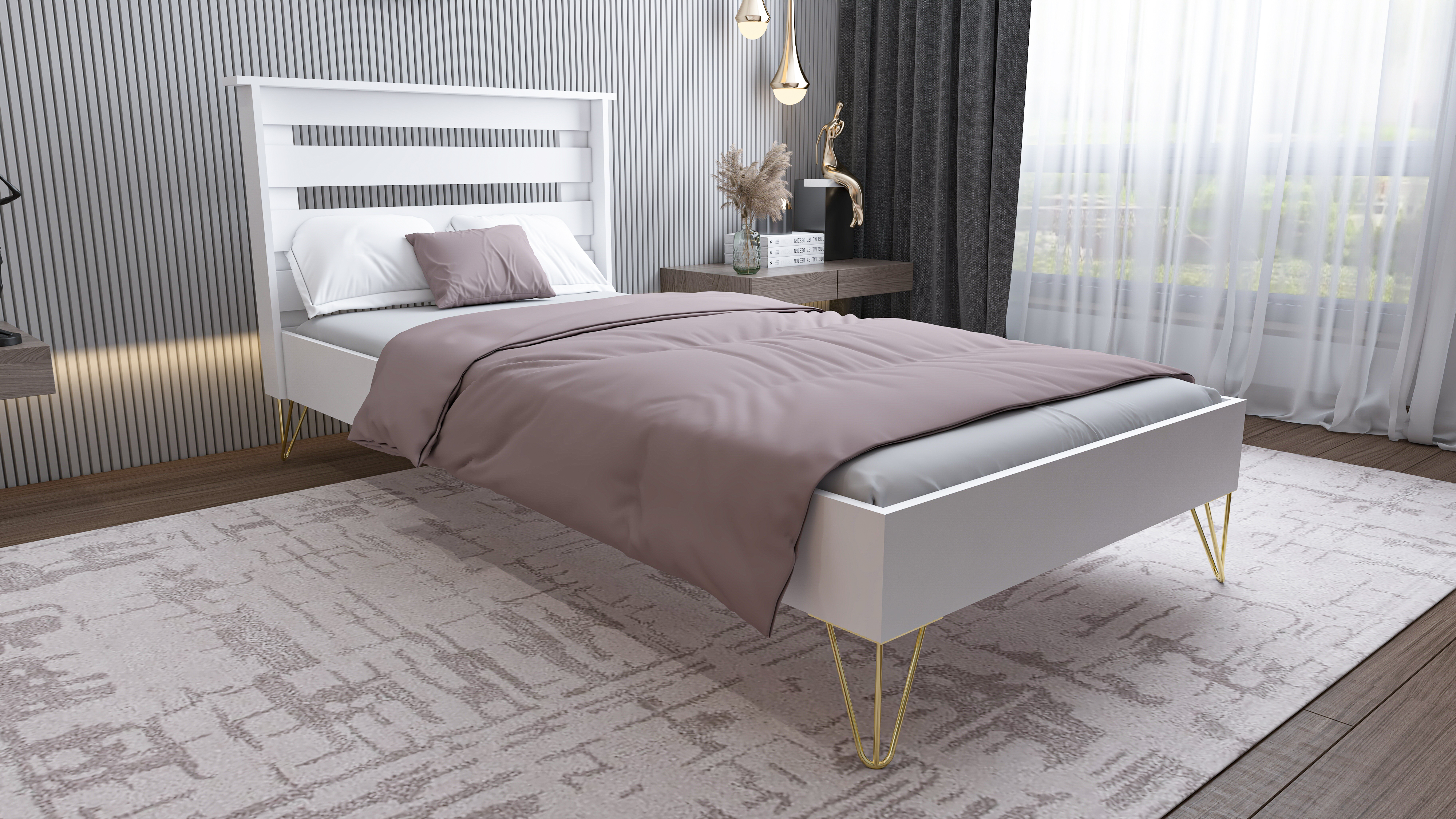 Ninnimo YENİ STİLL 90x190 Yatak Uyumlu Mdf Beyaz Tek Kişilik Karyola Gold Ayaklı