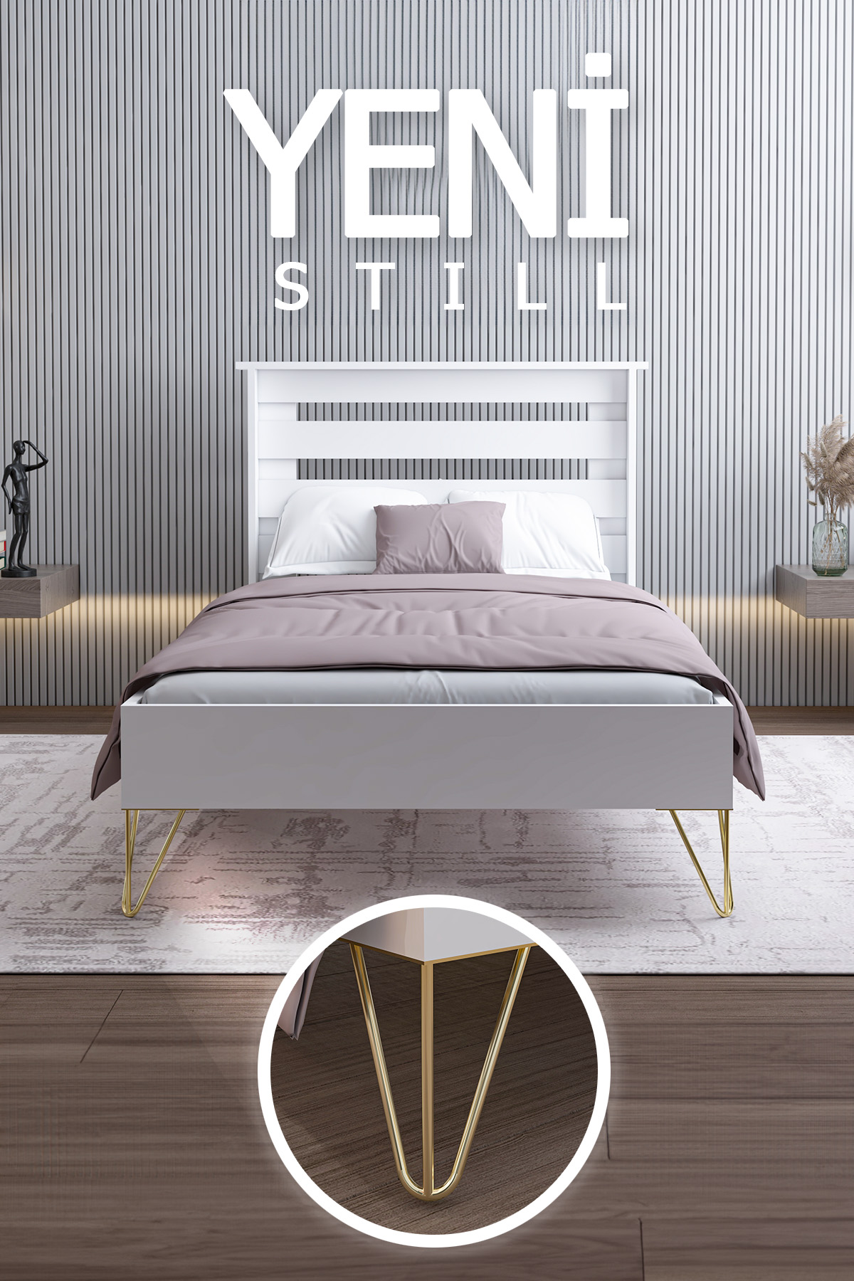 Ninnimo YENİ STİLL 90x190 Yatak Uyumlu Mdf Beyaz Tek Kişilik Karyola Gold Ayaklı