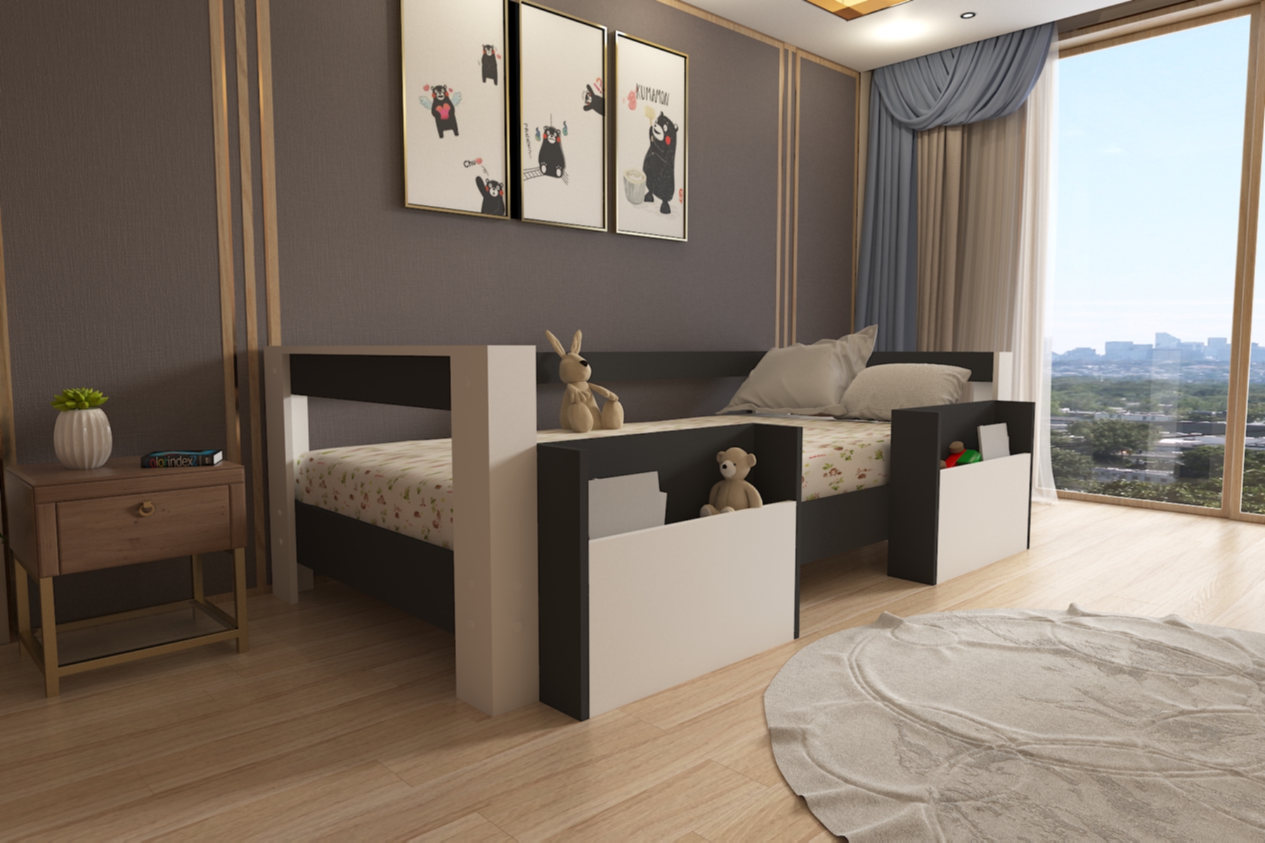Montessori Antrasit Beyaz Cepli Çocuk Karyolası 90x190 Yatak Uyumlu M1