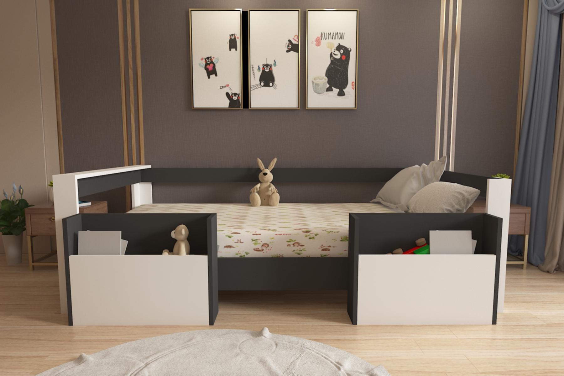 Montessori Antrasit Beyaz Cepli Çocuk Karyolası 90x190 Yatak Uyumlu M1