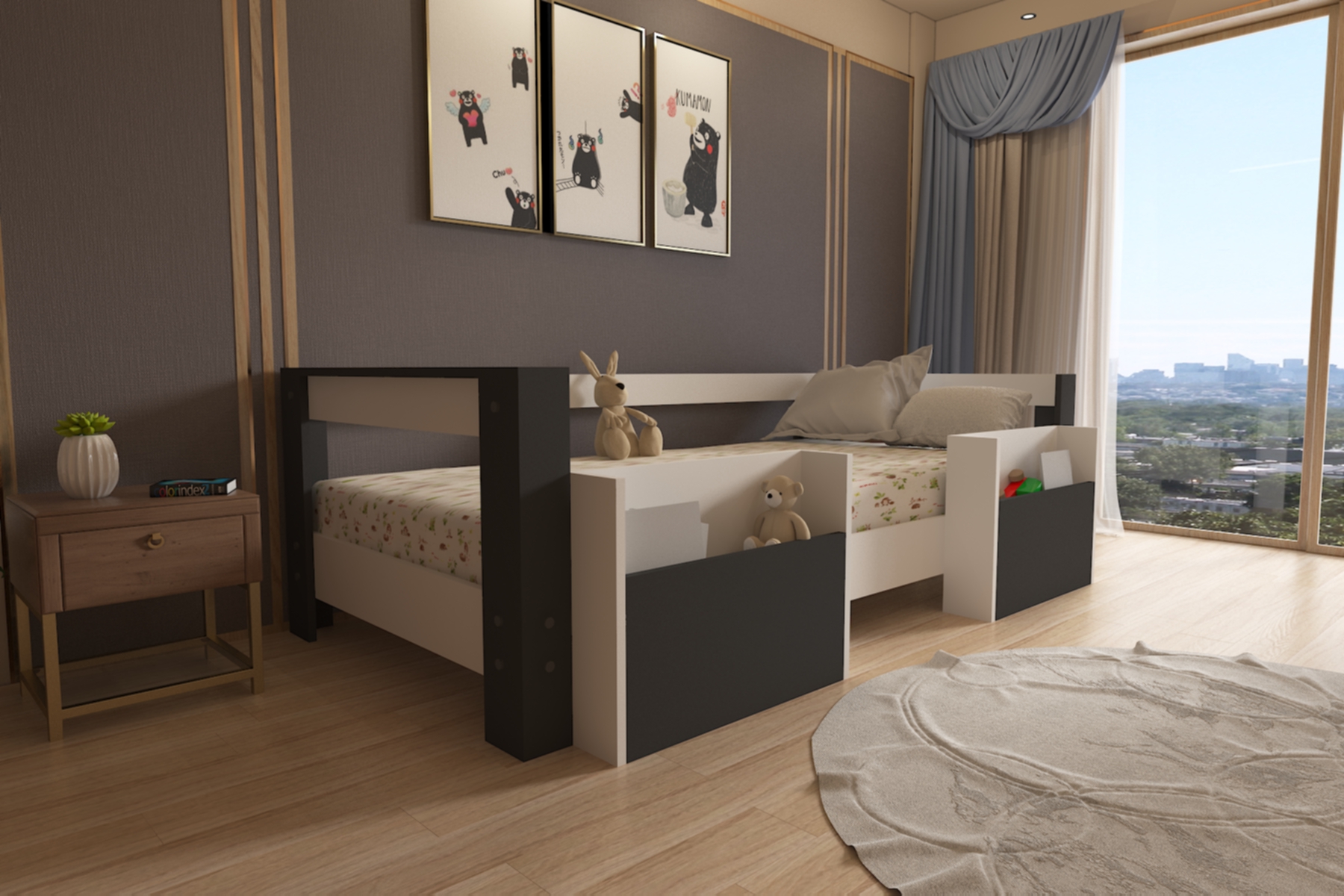 Montessori Beyaz-antrasit Cepli Çocuk Karyolası 90x190 Yatak Uyumlu M1
