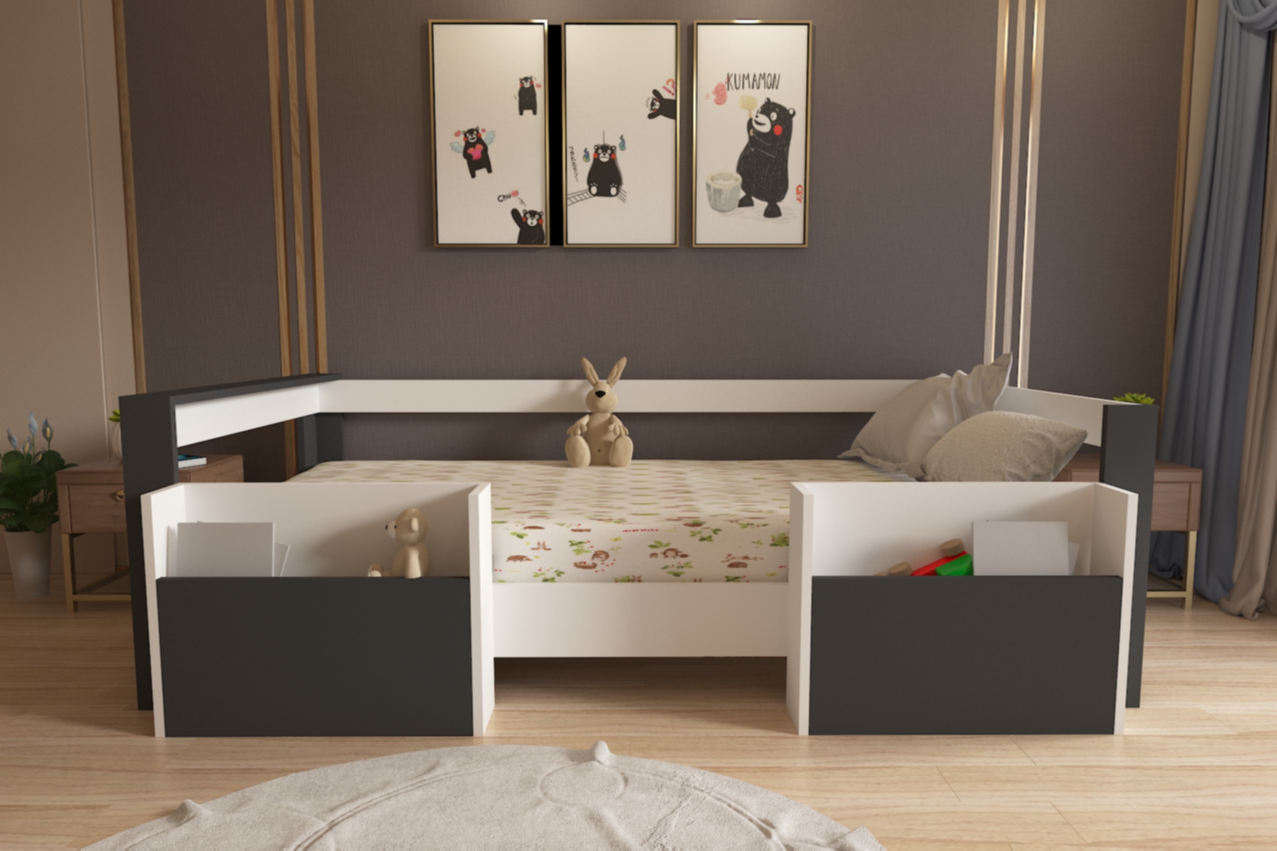 Montessori Beyaz-antrasit Cepli Çocuk Karyolası 90x190 Yatak Uyumlu M1