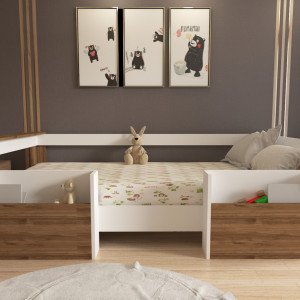 Montessori Beyaz Ceviz Cepli Çocuk Karyolası 90x190 Yatak Uyumlu M1