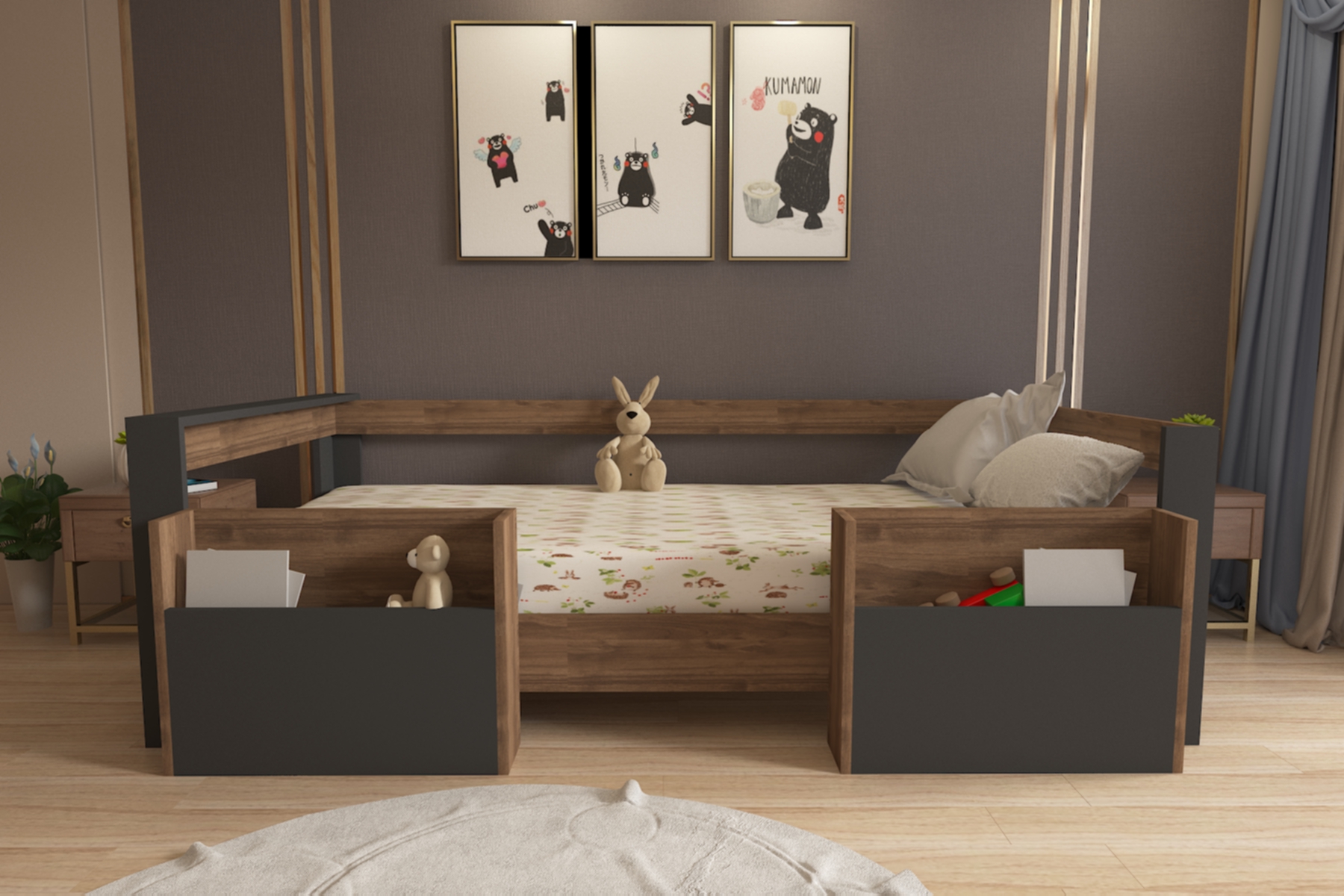 Montessori Ceviz -antrasit Cepli Çocuk Karyolası 90x190 Yatak Uyumlu M1